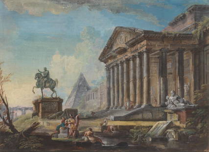 Jean Baptiste Lallemand (Dijon 1716-circa 1803 Paris) A capriccio with the statue of Marcus Aure...: Jean Baptiste Lallemand (Dijon 1716-circa 1803 Paris) A capriccio with the statue of Marcus Aurelius before a portico signed and inscribed 'MARCO/AURELIO/IMPERATOR/J.LALLEMAND/---' (on statue, lower c