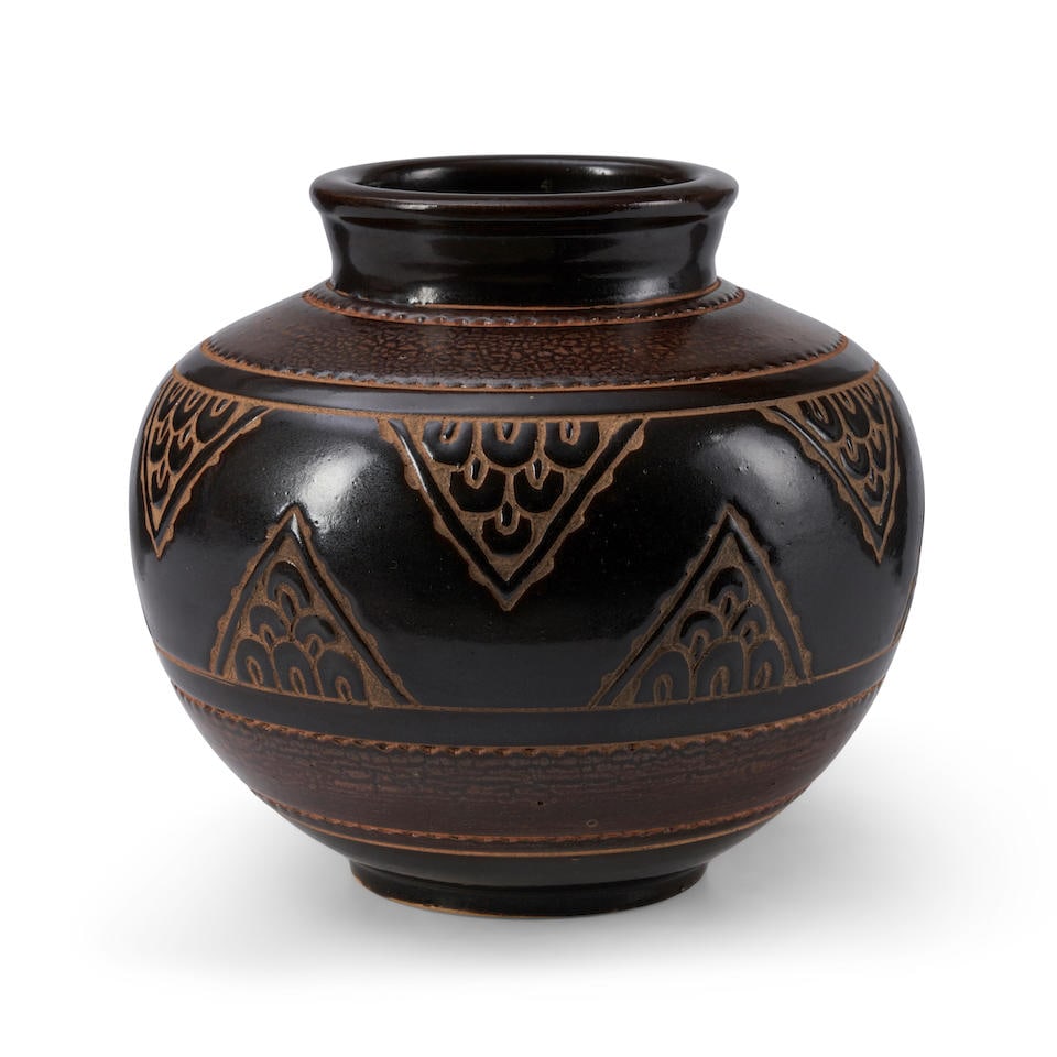 ÉMILE LENOBLE (1875-1939) VASE France, dated 1935, glazed stoneware, artist's impressed sta...: EMILE LENOBLE (1875-1939) VASE France, dated 1935, glazed stoneware, artist's impressed stamp mark, raised panel '19V35' and incised marks '8-9 213,' ht. 7 1/2, dia. 8 in. Footnotes: Provenance Alain