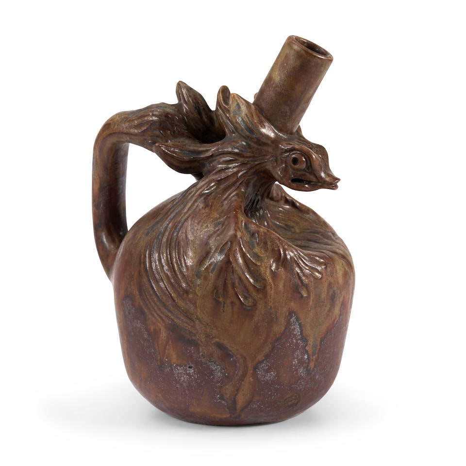 BASILE JOSEPH THÉODULE PERROT (1856-1942) FIGURAL EWER France, c. 1908, glazed stoneware, i...: BASILE JOSEPH THÉODULE PERROT (1856-1942) FIGURAL EWER France, c. 1908, glazed stoneware, incised artist's signature 'Theo Perrot' and 'Z1 XII,' ht. 7 3/4 in. Lot to be sold without reserve. For