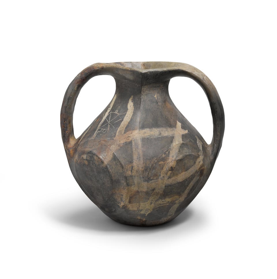 A CHINESE PAINTED GRAY POTTERY AMPHORA Han dynasty: A CHINESE PAINTED GRAY POTTERY AMPHORA Han dynasty 10 1/4in (26cm) high Footnotes: Provenance: Collection of Al Farrow (b. 1943) Lot to be sold without reserve. This lot is subject to the following l