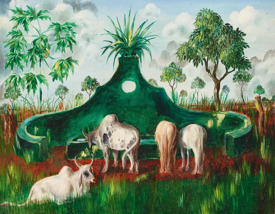 Gilbert Adrian (American, 1903-1959) At the watering hole, Brazil 14 x 21in (35.5 x 53.3cm); fra...: Gilbert Adrian (American, 1903-1959) At the watering hole, Brazil signed and dated 'Adrian May 1957' (on the verso) oil on canvas 14 x 21in (35.5 x 53.3cm); framed 15 x 21 3/4in (38 x 55.5cm) Footnote