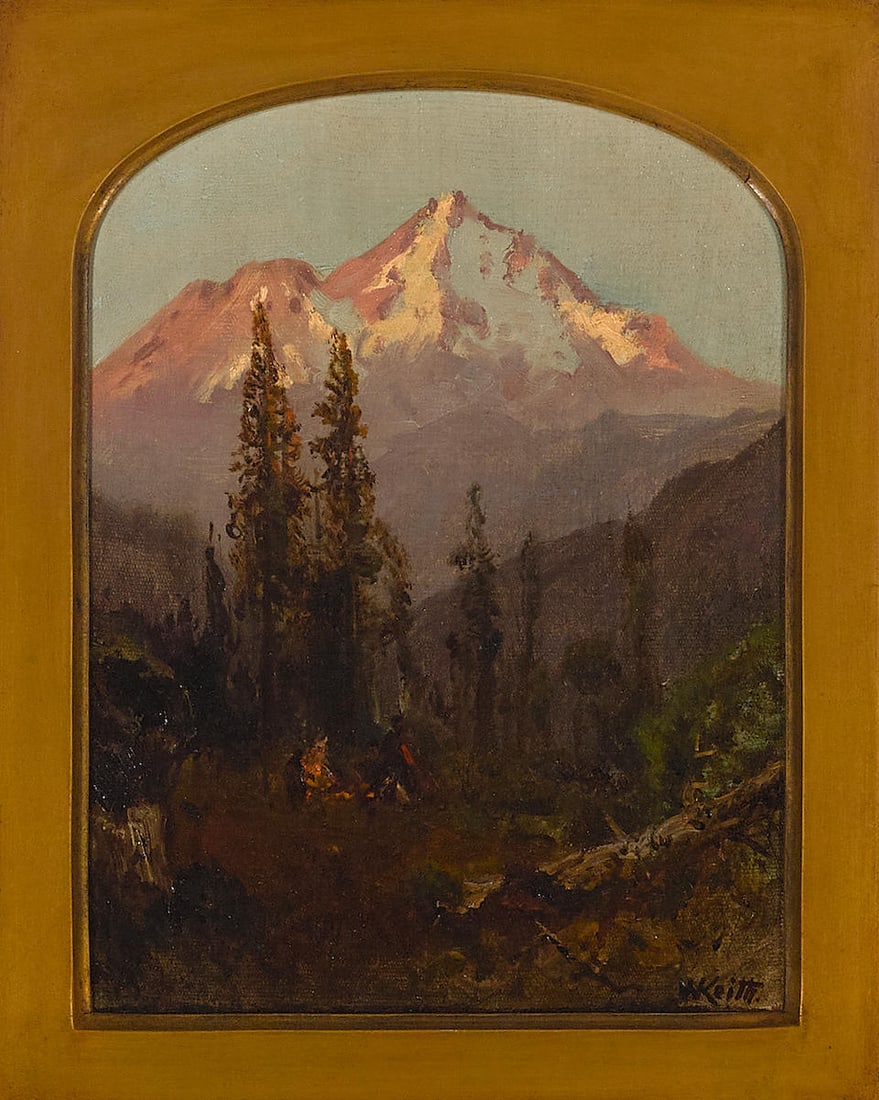 William Keith (1838-1911) Mount Hood, Indian Camp 14 1/2 x 11 3/4 in. framed 23 x 20 in.: William Keith (1838-1911) Mount Hood, Indian Camp signed 'W. Keith.' (lower right) and titled on a gallery label (on the reverse) oil on canvas laid to board 14 1/2 x 11 3/4 in. framed 23 x 20 in. Foo