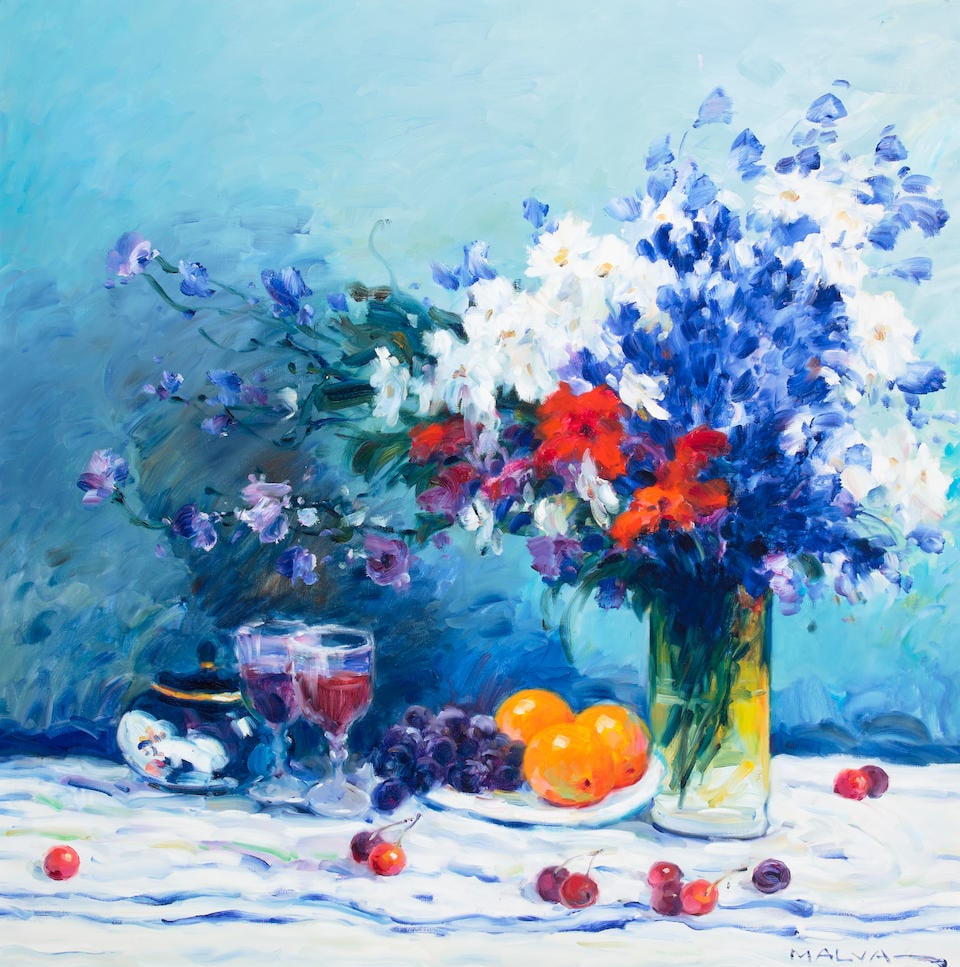 Omar Hamdi Malva (Syrian, 1951-2014) Blue still life 31 3/4 x 31 1/2in (80.7 x 80cm) (1 of 2)