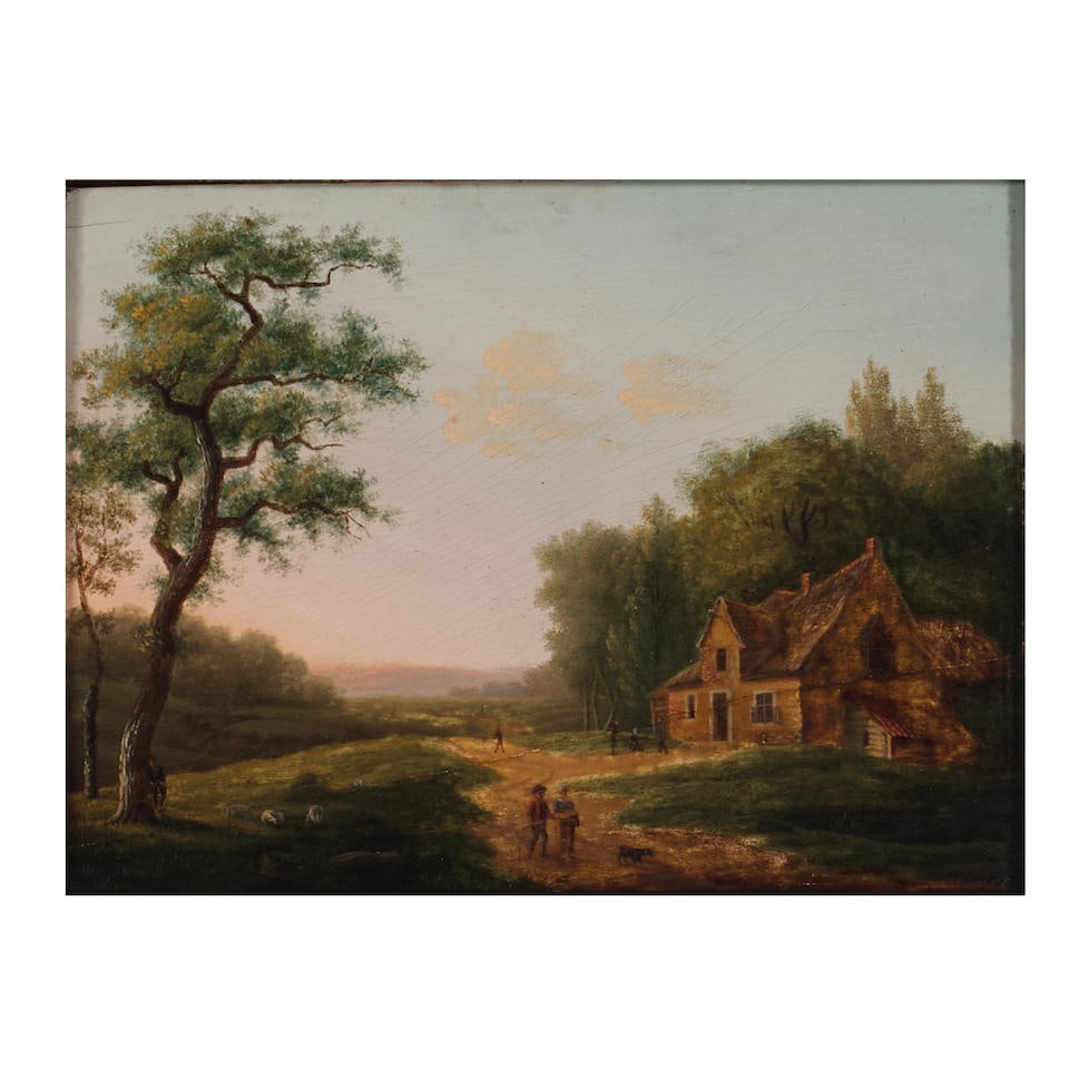 Attributed to Abbott Fuller Graves (American, 1859-1936) Landscape with figures and a cottage 6 ...: Attributed to Abbott Fuller Graves (American, 1859-1936) Landscape with figures and a cottage oil on board 6 3/4 x 9in (17.2 x 22.8cm); framed 12 1/4 x 14.5in (31 x 36.8cm) Footnotes: Condition report