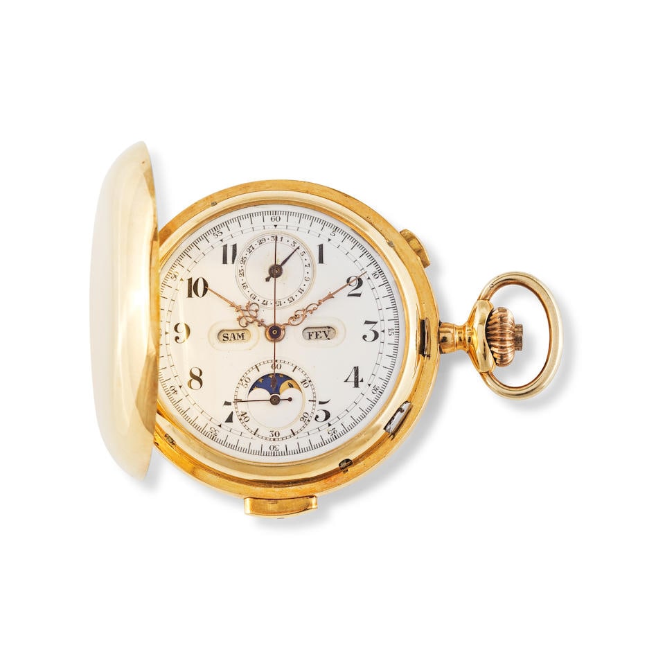 Invicta. An 18K gold full hunter keyless wind minute repeating triple calendar and moon phases c...: Invicta. An 18K gold full hunter keyless wind minute repeating triple calendar and moon phases chronograph pocket watch Invicta. Chronographe de poche à clapet en or jaune 18K (750) répé