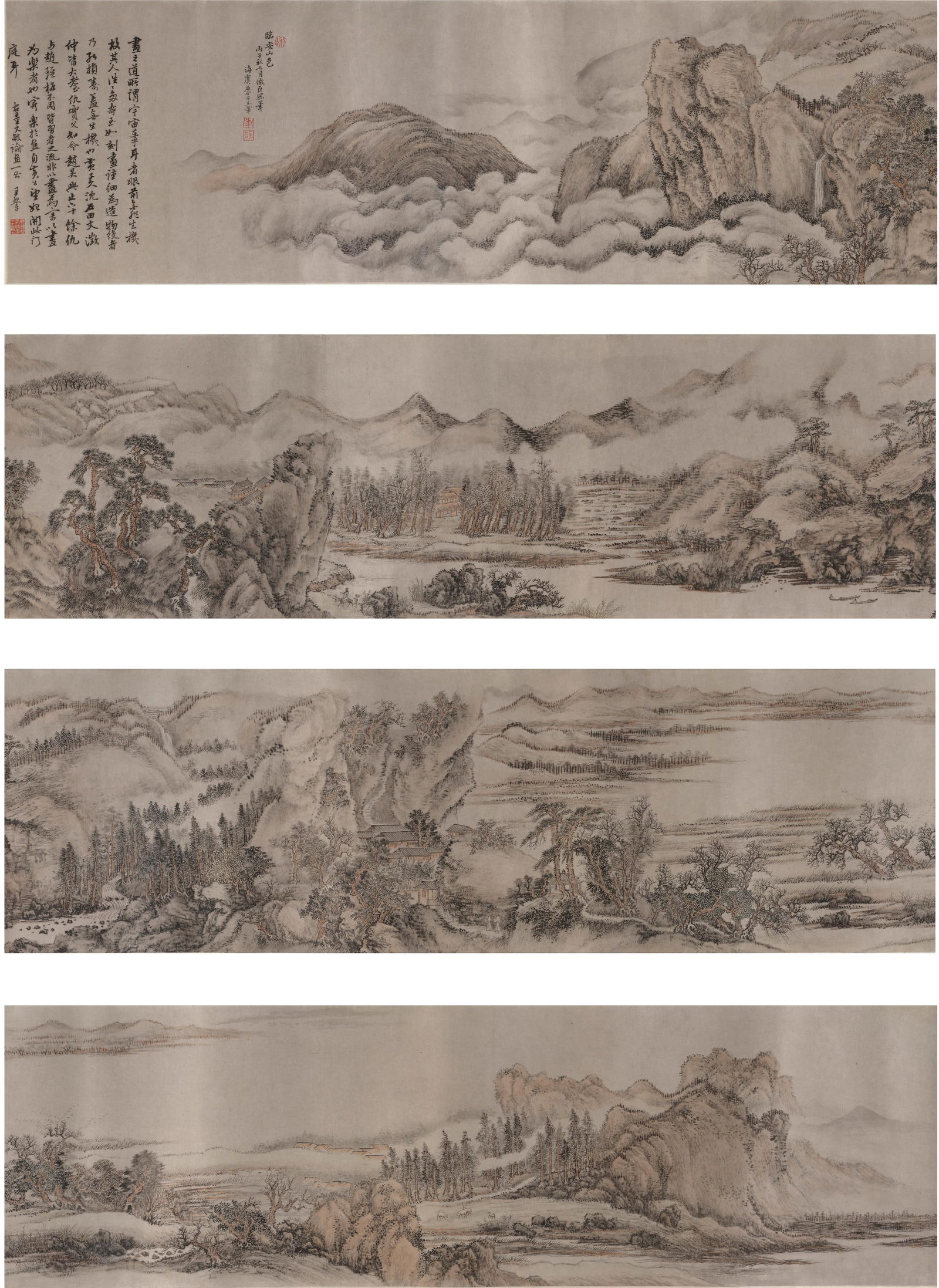 ATTRIBUTED TO WANG HUI (1632-1717) Mountain Colors of Lin'an, 1696: ATTRIBUTED TO WANG HUI (1632-1717) Mountain Colors of Lin'an, 1696 Horizontal handscroll, ink and color on paper, inscribed by the artist and dated bingzi, signed Shiguzi Wang Hui, with three artist's