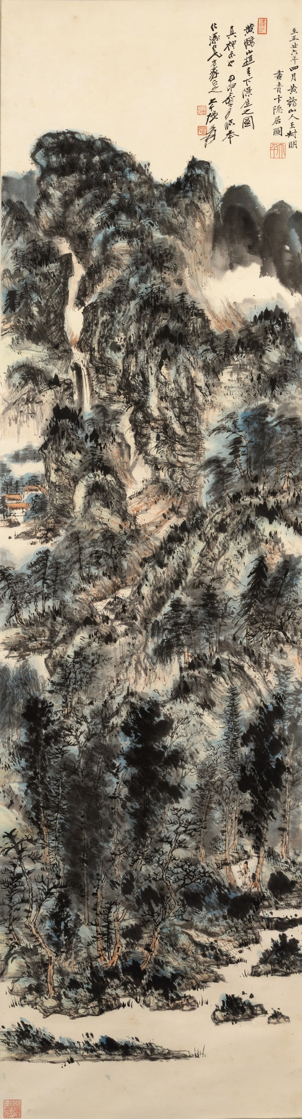ZHANG DAQIAN (1899-1983) Seclusion in Qingbian Mountains after Wang Meng, 1944: ZHANG DAQIAN (1899-1983) Seclusion in Qingbian Mountains after Wang Meng, 1944 Hanging scroll, ink and color on paper, inscribed and signed Daqian Zhang Yuan, with a dedication to J.D. Chen (Chen Rent