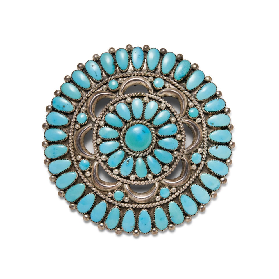 An Alice Quam silver and turquoise pin/pendant Alice Quam, Zuni, (1929-2003) dia. 3 1/4 in. gros... (1 of 2)