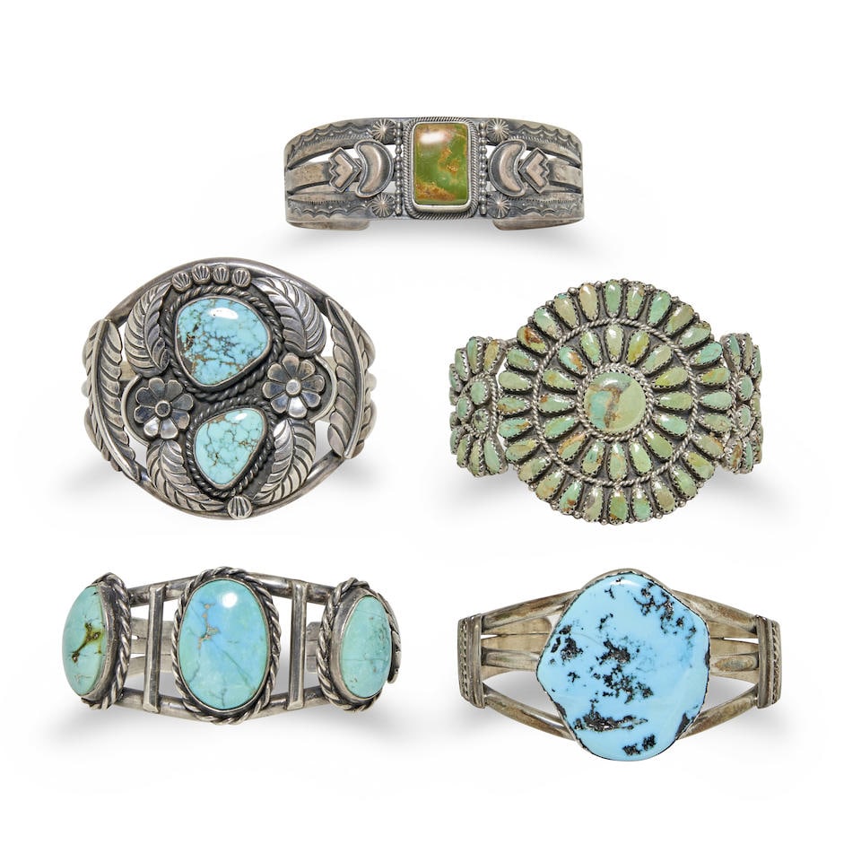 Five Southwest cuff bracelets total interior circumference (including gap) 6 1/4, gap 1 1/4, 6 3... (1 of 3)