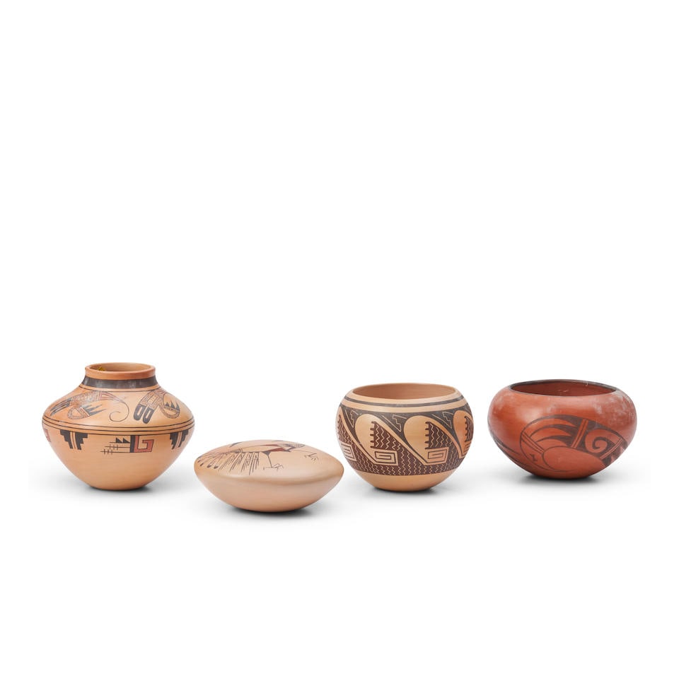 Four small Hopi pottery vessels ht. 4 1/4, wd. 4 7/8 in.; ht. 3 1/2, wd. 4 3/4 in.; ht. 2 1/4, w... (1 of 3)