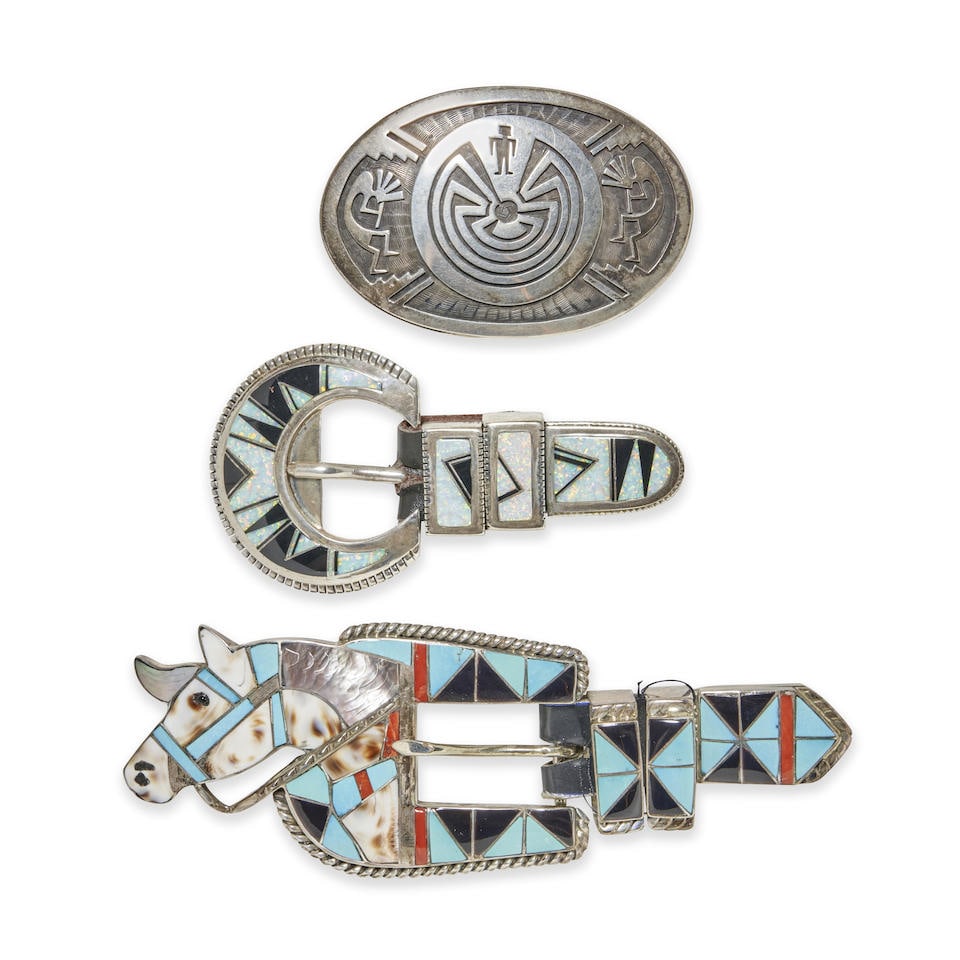 Three Southwest belt buckles lg. 5 3/4, wd. 2 1/8, lg. 3 3/4, wd. 2, and lg. 3, wd. 2 in. (1 of 3)
