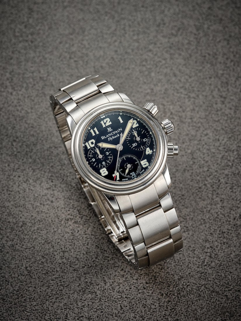 [NO RESERVE] BLANCPAIN | LÉMAN, REF.2385F, A STAINLESS STEEL FLYBACK CHRONOGRAPH BRACELET W...: [NO RESERVE] BLANCPAIN | LÉMAN, REF.2385F, A STAINLESS STEEL FLYBACK CHRONOGRAPH BRACELET WATCH WITH DATE, CIRCA 2000 Case No: 1386 Calibre: F185, automatic, signed Dial: Black, signed Case: 32.5