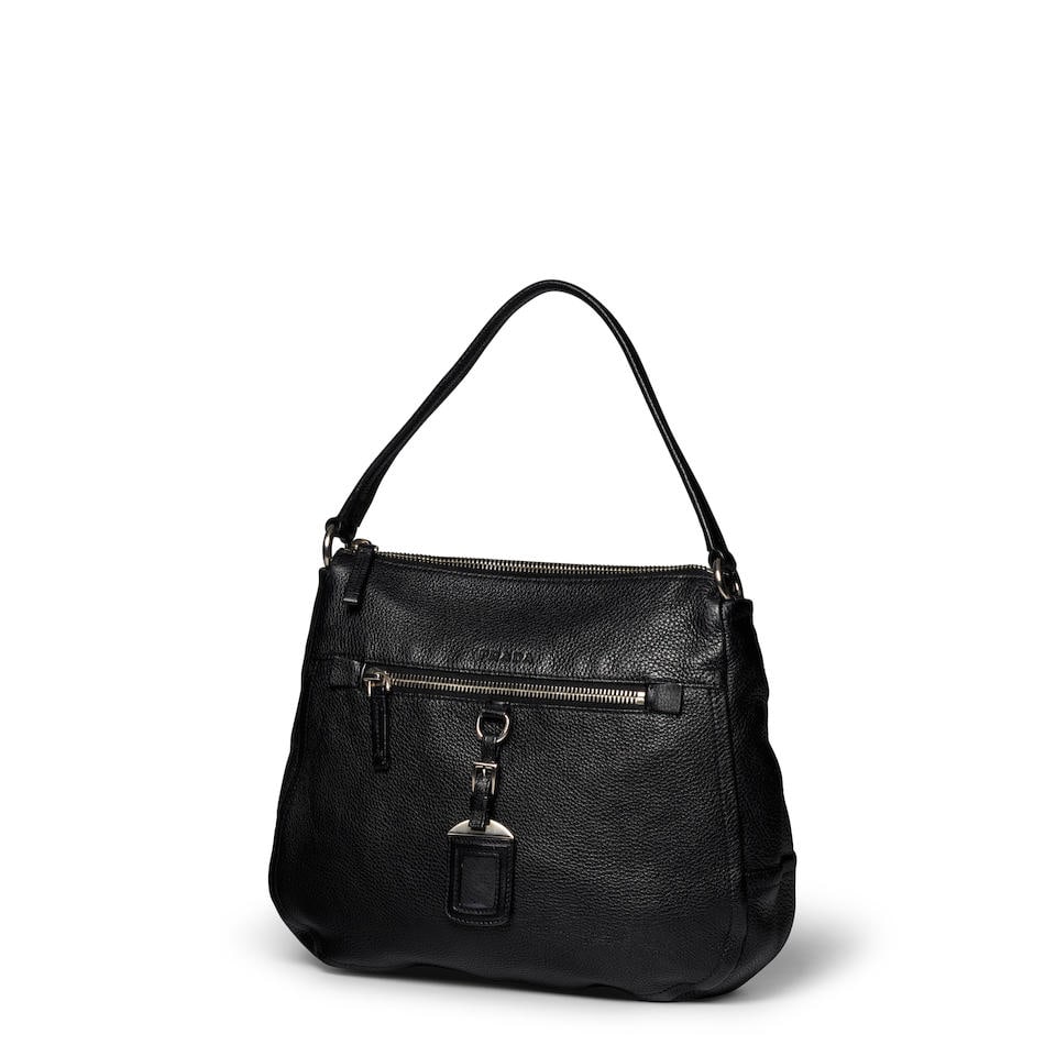 PRADA: LEATHER HOBO: PRADA: LEATHER HOBO • Black Vitello Daino Leather • Silver Tone Hardware • Zip Closure • Flat Handle Shoulder Strap • Exterior Zipper Pocket with Mini Luggage Tag Detail