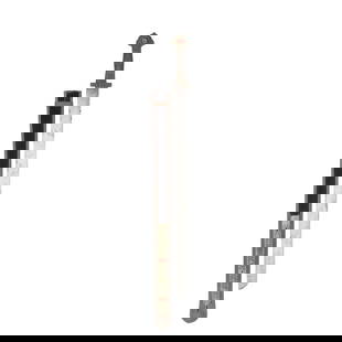 A Tibetan Sword: A Tibetan Sword 19th Century With broad single-edged pattern-welded blade, white-metal mounted hilt with recessed panels chased with foliage above the moulded guard, and set with a red coral on one si