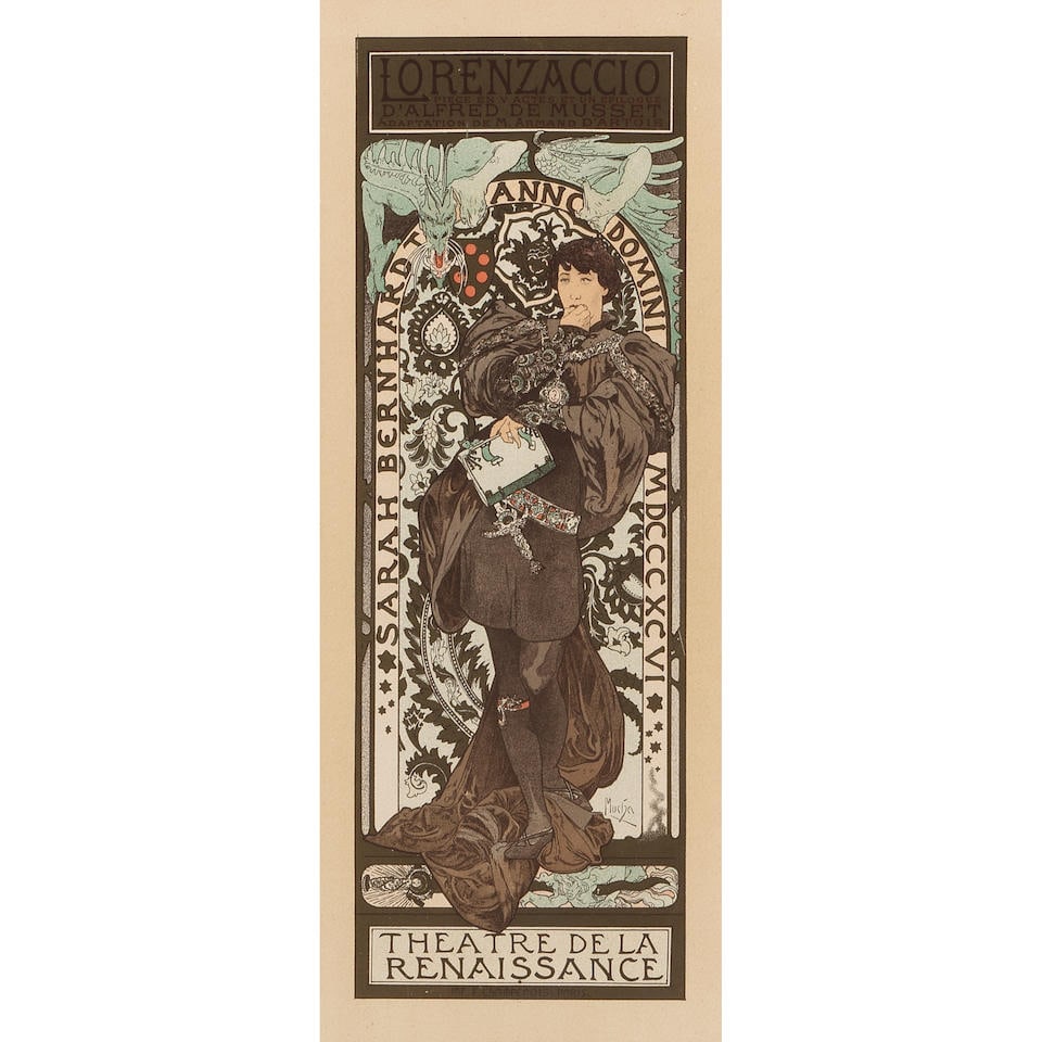 Alphonse Mucha (1860-1939); Lorenzaccio, from Les Maîtres de l'Affiche;: Alphonse Mucha (1860-1939) Lorenzaccio, from Les Maîtres de l'Affiche (Rennert/Weill 20), c. 1895 Lithograph in colors on wove paper, with the blindstamp of the printer, Chaix, Paris, with margin