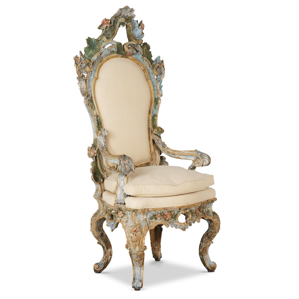 A VENETIAN CARVED POLYCHROME THRONE CHAIRLate 18th century (1 of 2)