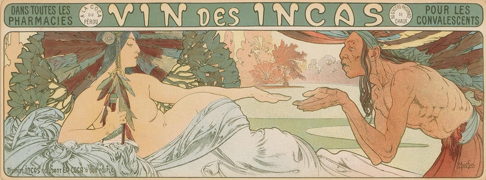 Alphonse Mucha (1860-1939); Vin des Incas, from Album La Plume;: Alphonse Mucha (1860-1939) Vin des Incas, from Album La Plume (Rennert/Weill 43, Variant 1), 1899 Lithograph in colors on wove paper, with text in bottom left in green, with full margins, framed. 5 x