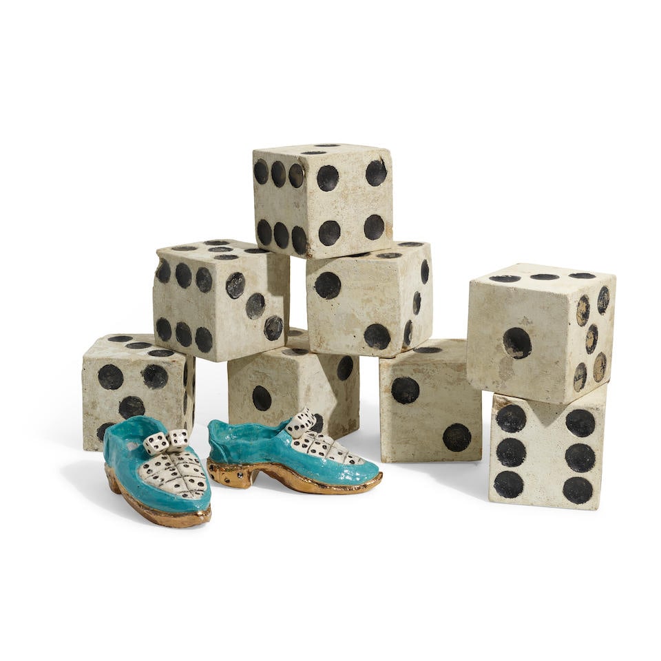 EIGHT LARGE PAINTED COMPOSITION DICE AND A PAIR OF PARCEL GILT CERAMIC DICE SHOES (1 of 2)