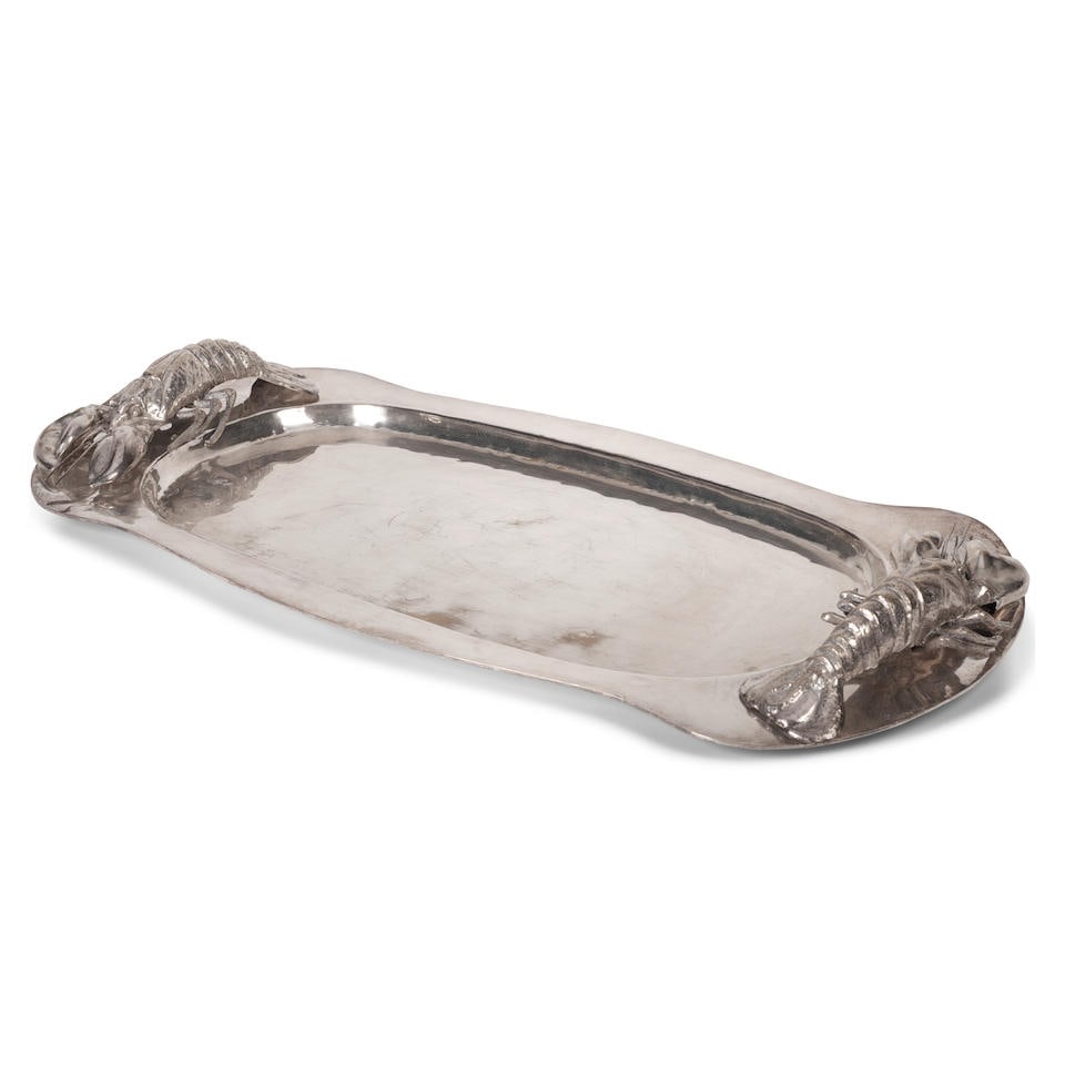 AN ITALIAN HAMMERED SILVER-PLATED BRASS LOBSTER HANDLE SERVING TRAY Franco Lapini, Florence, cir... (1 of 1)