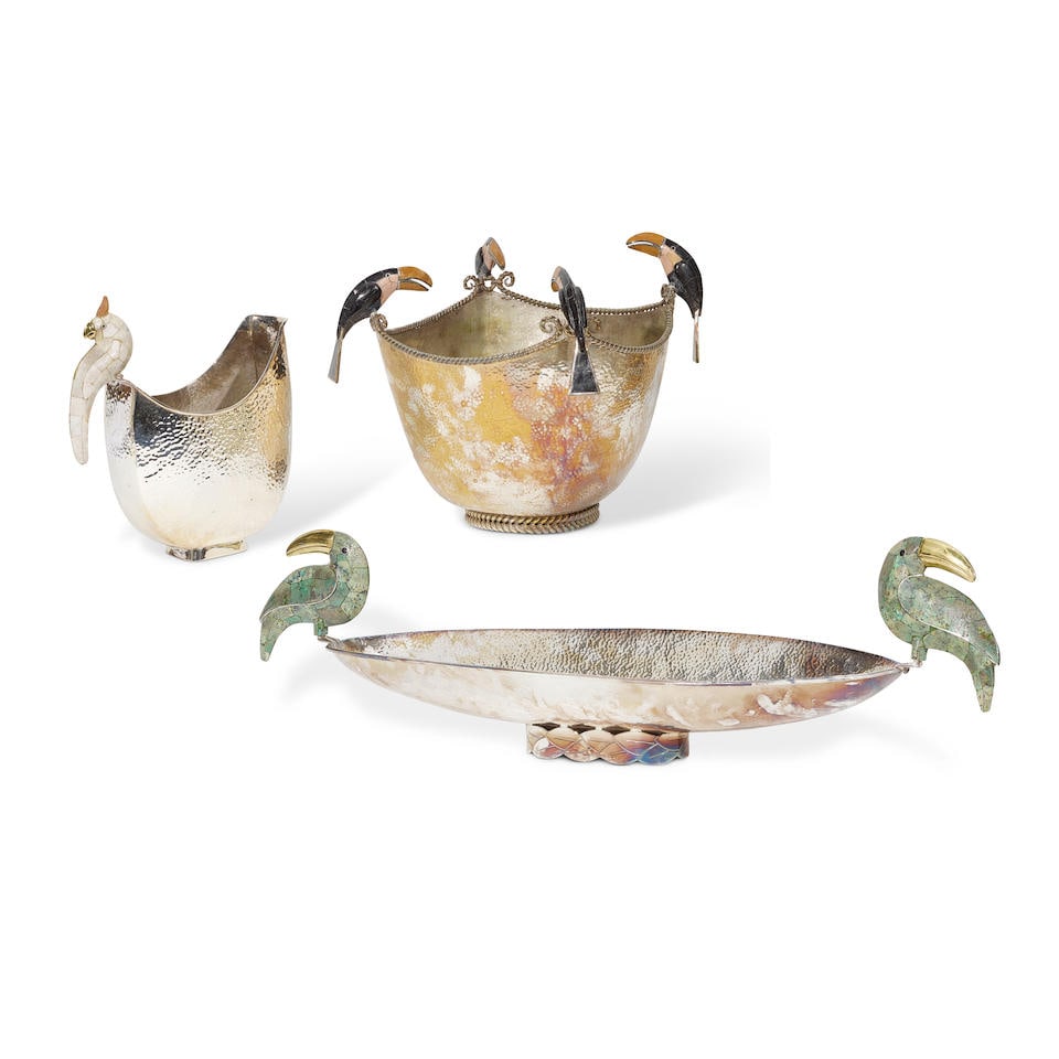 THREE EMILIA CASTILLO HARDSTONE INLAID HAMMERED SILVER-PLATED BIRD HOLLOWARE Taxco, 20th century (1 of 1)
