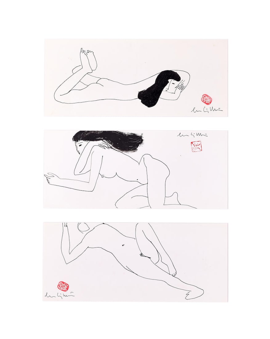 Luu Cong Nhan (Vietnamese, 1931-2007) Nine Drawings with Nude (3): Luu Cong Nhan (Vietnamese, 1931-2007) Nine Drawings with Nude circa 1995 each one signed Luu Cong Nhan with one seal of the artist ink on paper The largest: 14 x 35.5 cm (5 1/2 x 14 in) 3 Footnotes: P