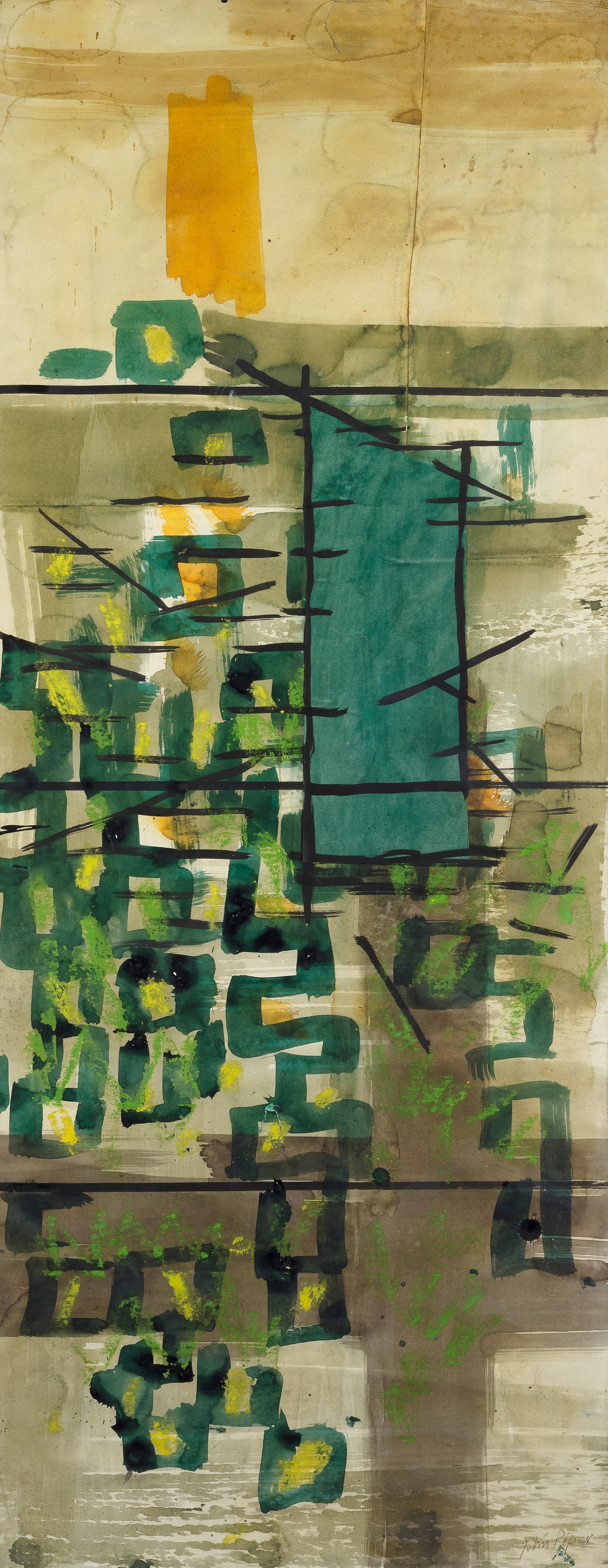 John Piper C.H. (British, 1903-1992) Cartoon for Baptistery Window, Coventry Cathedral (Executed...: John Piper C.H. (British, 1903-1992) Cartoon for Baptistery Window, Coventry Cathedral signed 'John Piper' (lower right) ink, watercolour, gouache and collage on paper 130 x 36cm (51 3/16 x 14 3/16in)