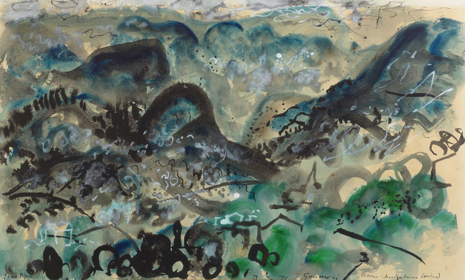 John Piper C.H. (British, 1903-1992) Goumois (Jura): John Piper C.H. (British, 1903-1992) Goumois (Jura) signed 'John Piper' (lower left), titled and inscribed 'Goumois (France - Switzerland boarder) (lower right); further titled 'Goumois (Jura)' (on sh
