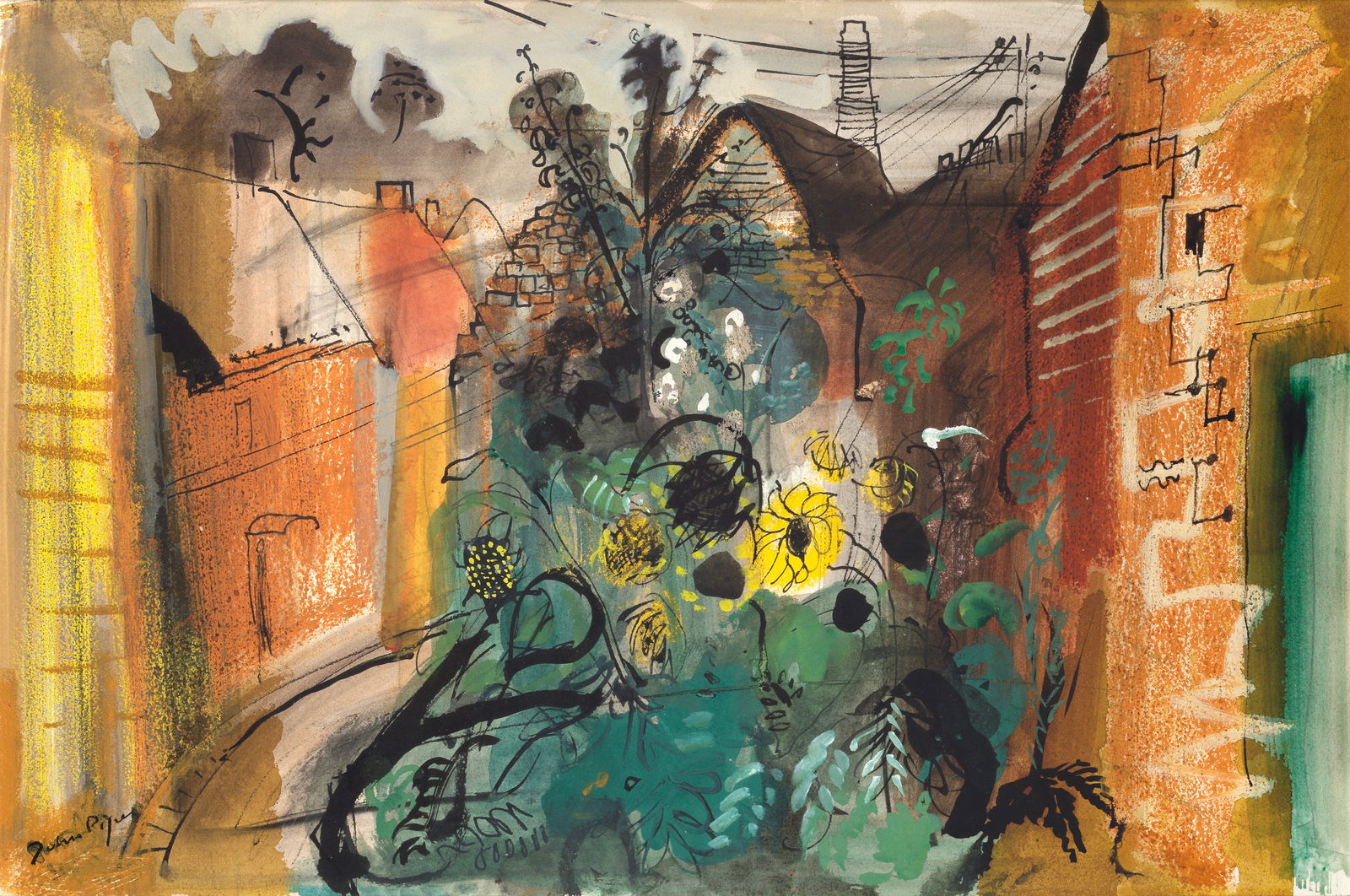 John Piper C.H. (British, 1903-1992) Cottage Garden: John Piper C.H. (British, 1903-1992) Cottage Garden signed 'John Piper' (lower left) watercolour, gouache, ink, pen and ink, crayon and pencil on paper 35.5 x 52.5cm (14 x 20 11/16in). Footnotes: