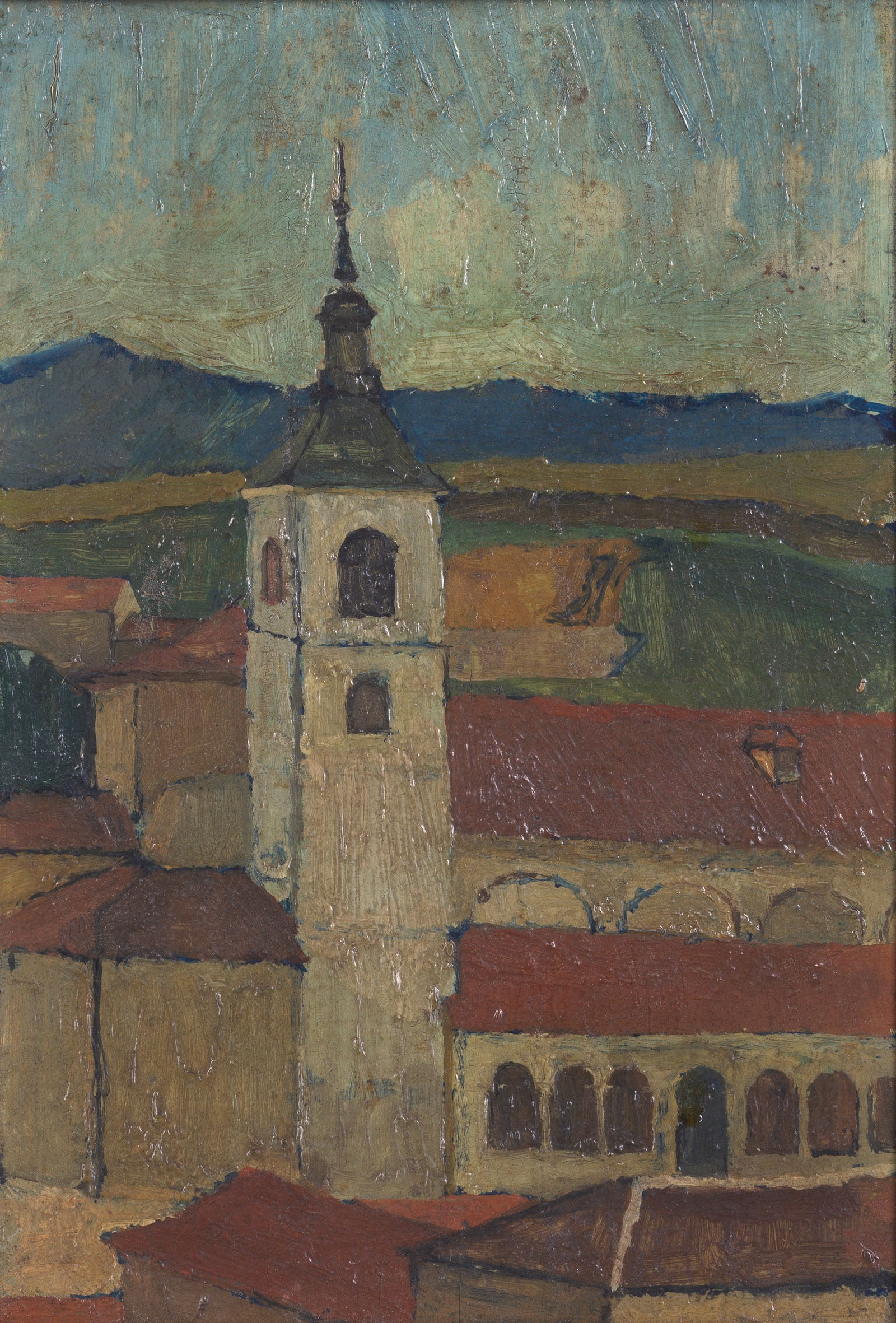 Euan Uglow (British, 1932-2000) Landscape with Tower: Euan Uglow (British, 1932-2000) Landscape with Tower signed and dedicated 'To Viv and Cliff/wishing you many/years of happy/married life./from/Euan.' (on panel verso) oil on panel 17.5 x 12cm (6 7/8 x