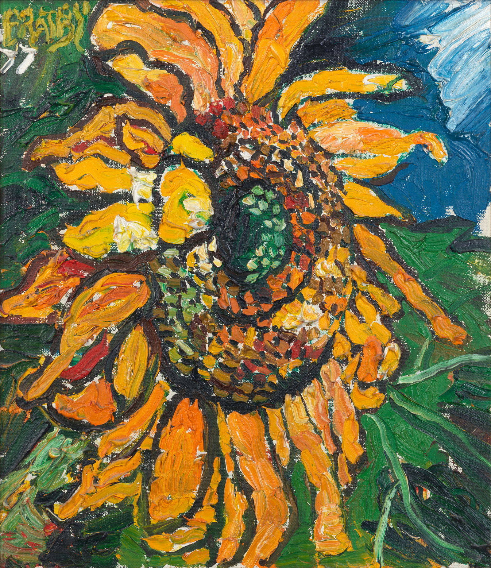 John Bratby R.A. (British, 1928-1992) Sunflower: John Bratby R.A. (British, 1928-1992) Sunflower signed and dated 'BRATBY/77' (upper left) oil on canvas 39.5 x 34.5cm (15 9/16 x 13 9/16in). This lot is subject to the following lot symbols: AR