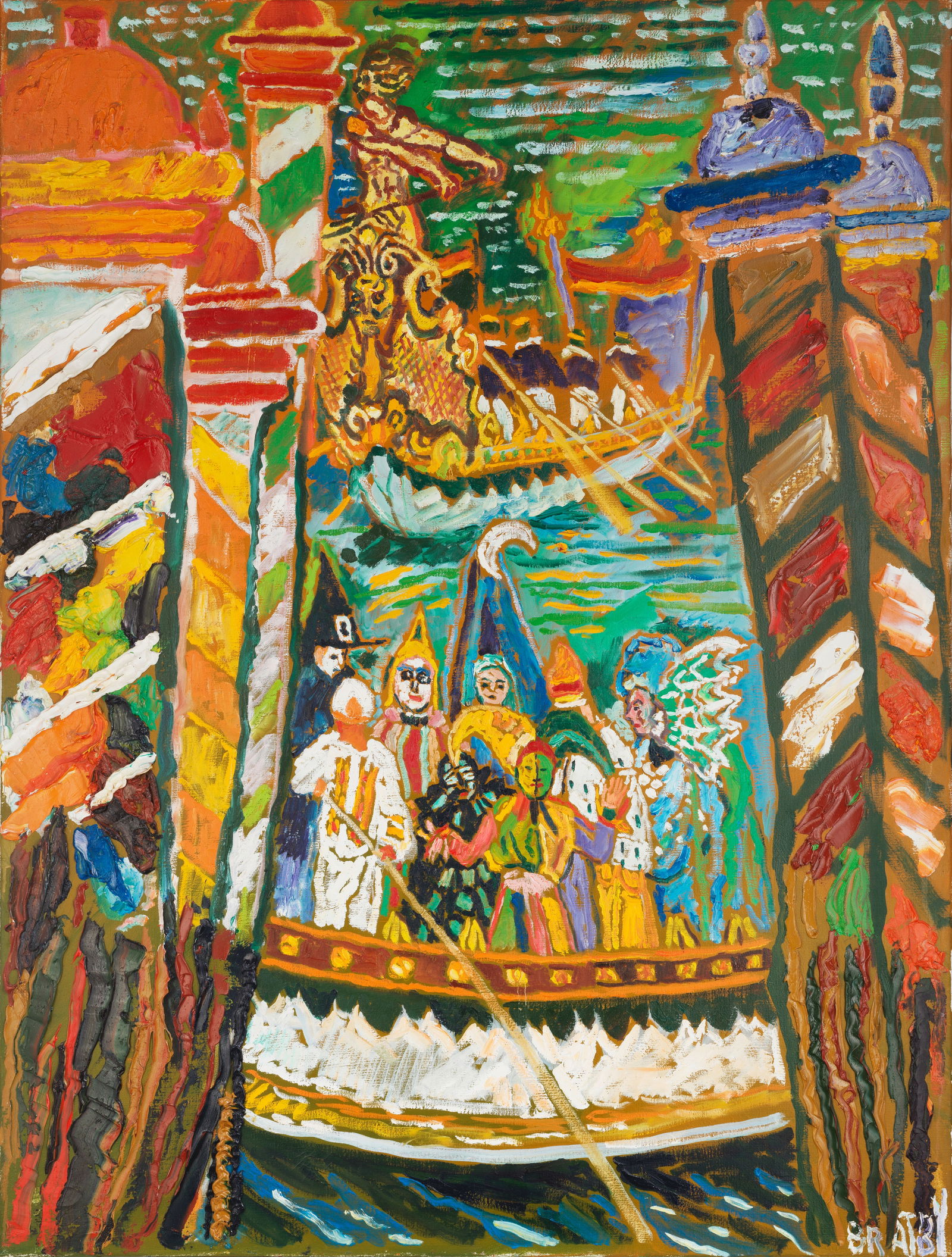 John Bratby R.A. (British, 1928-1992) Carnival Figures on the River (unframed): John Bratby R.A. (British, 1928-1992) Carnival Figures on the River signed 'BRATBY' (lower right) oil on canvas 122 x 91.5cm (48 1/16 x 36in). (unframed) Footnotes: Provenance