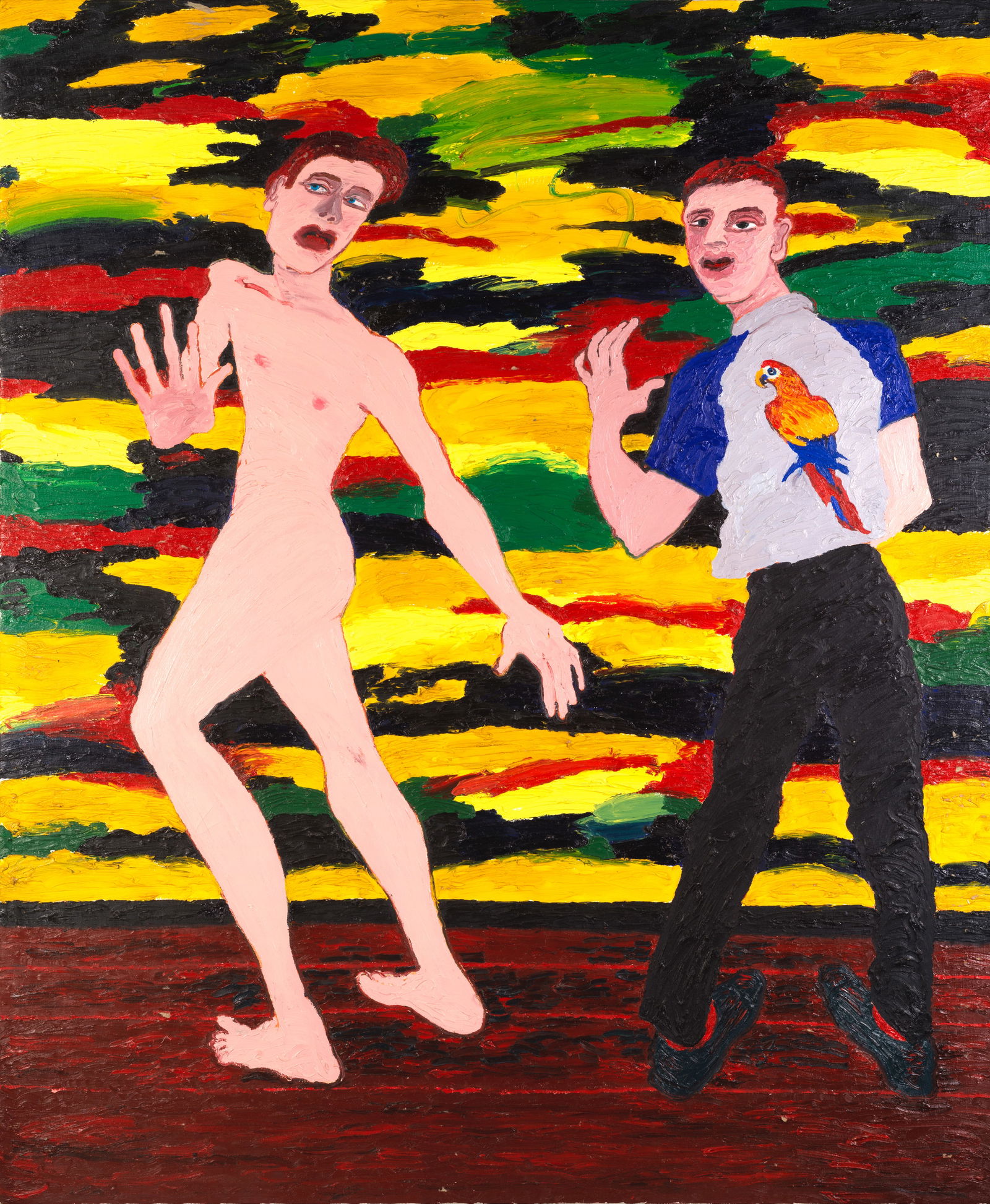 Derek Boshier (British, 1937-2024) Incident in Front of an Abstract Painting: Derek Boshier (British, 1937-2024) Incident in Front of an Abstract Painting signed, titled, dated, dedicated and inscribed with cartoon 'DEREK BOSHIER/'INCIDENT IN FRONT OF AN/ABSTRACT PAINTNING'/198