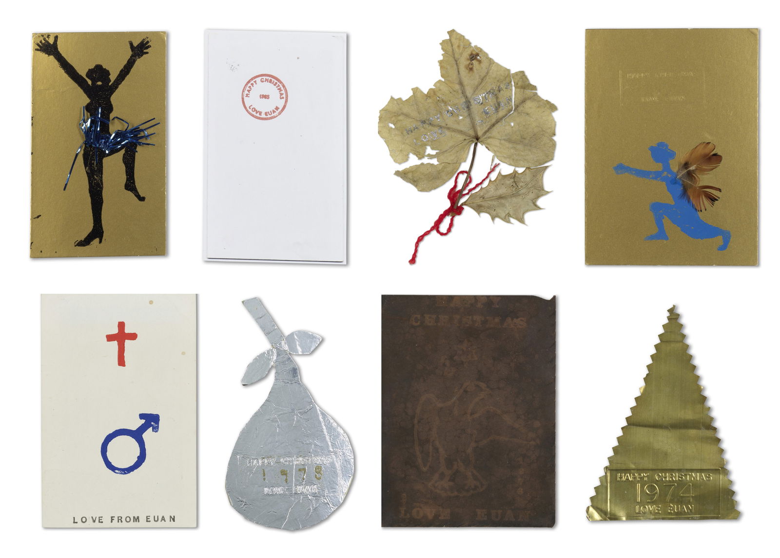 Euan Uglow (British, 1932-2000) Christmas Cards each approximately 15.5 x 9cm (6 1/8 x 3 9/16in)...: Euan Uglow (British, 1932-2000) Christmas Cards variously stamped with Artist's name, titled and dated mixed media each approximately 15.5 x 9cm (6 1/8 x 3 9/16in) (7) This lot is subject to the follo