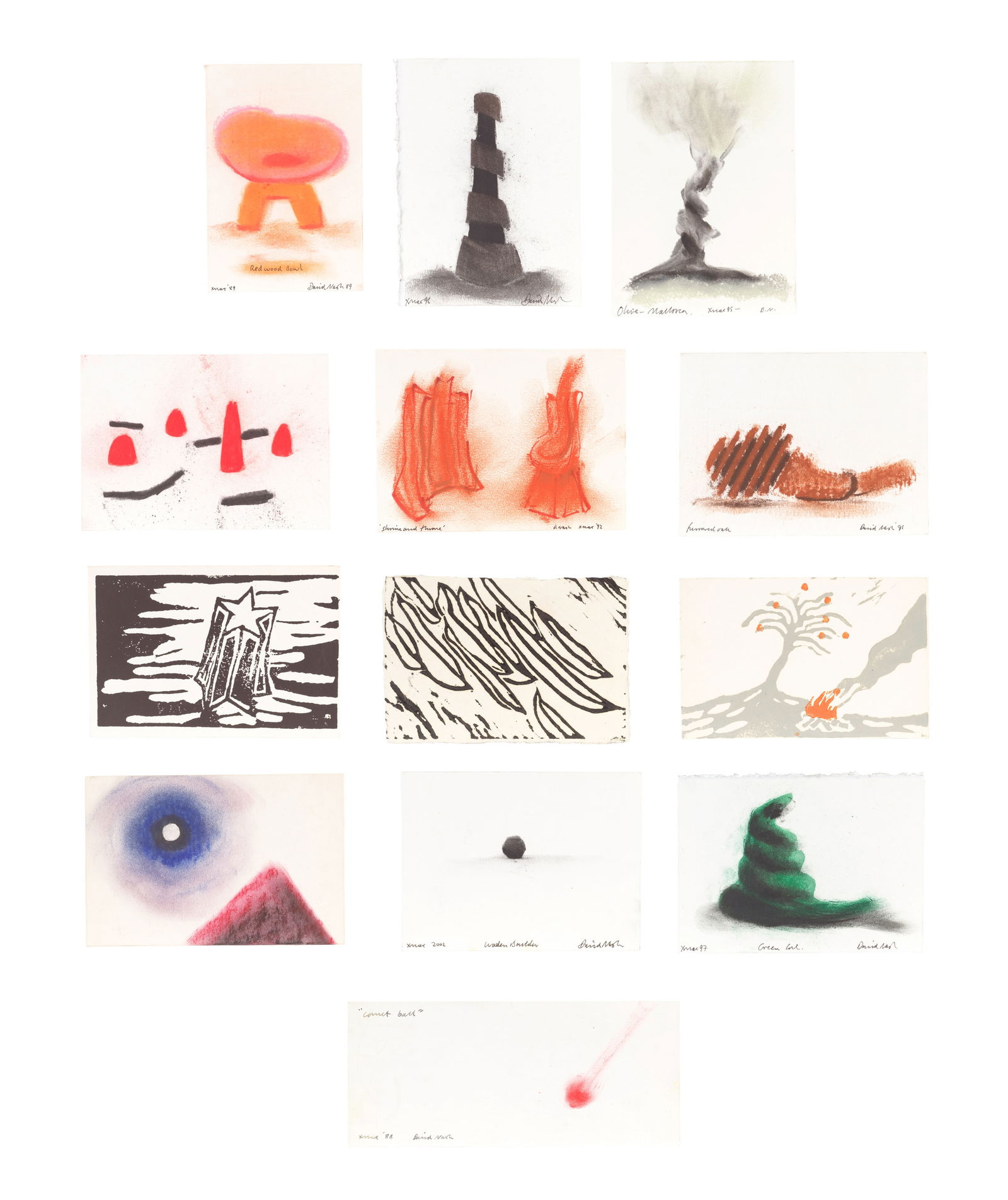 David Nash R.A. (British, born 1945) Thirteen Christmas Cards (Redwood Bowl, Olive - Mallorca, S...: David Nash R.A. (British, born 1945) Thirteen Christmas Cards (Redwood Bowl, Olive - Mallorca, Shrine and Throne, Funeral Oak, Wooden Boulder, Green Coil, Comet Ball; six Untitled) seven signed, vario