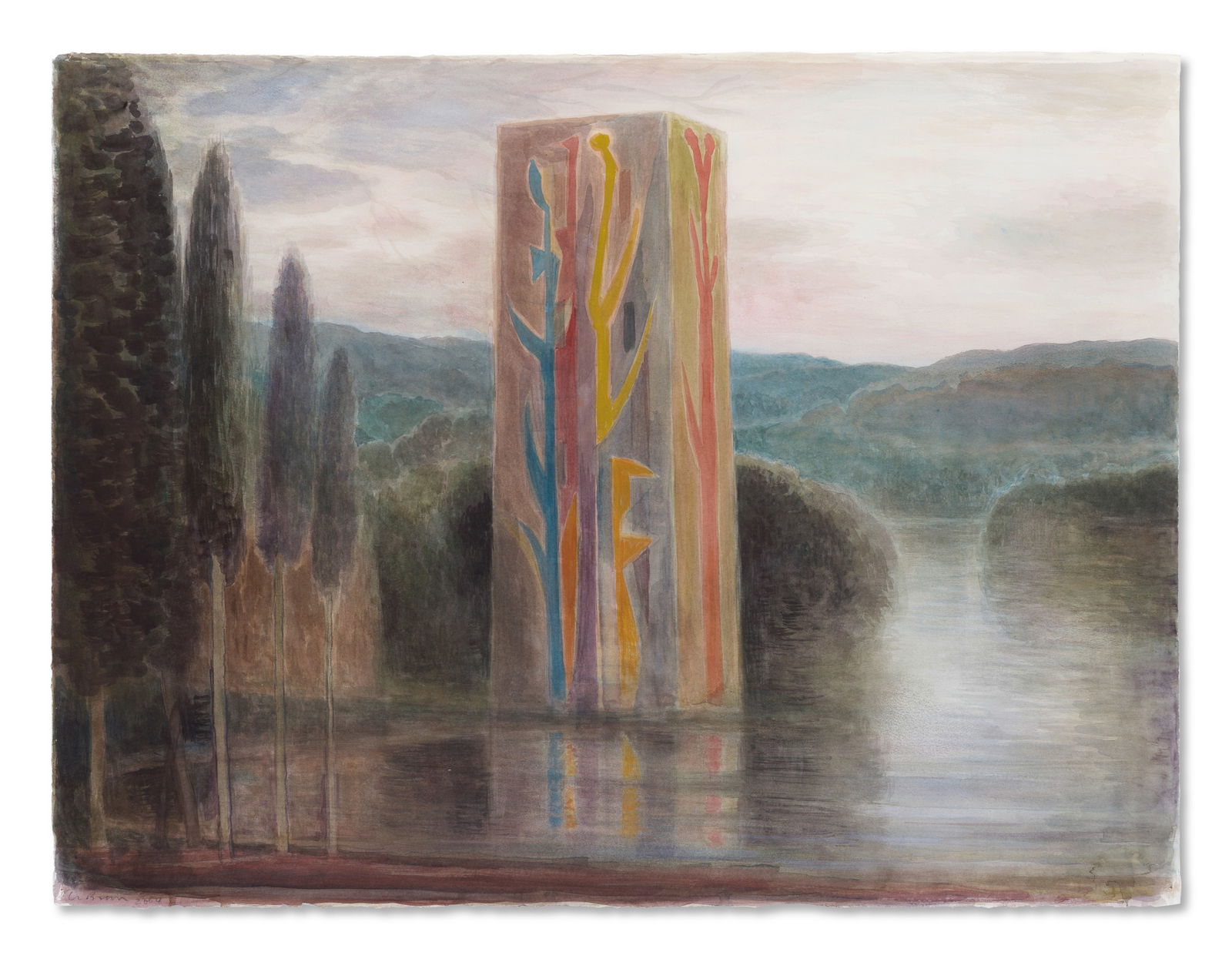 Sir Christopher Le Brun R.A., P.P.R.A., R.W.A. (Hon) (British, born 1951) Harlequin Tower: Sir Christopher Le Brun R.A., P.P.R.A., R.W.A. (Hon) (British, born 1951) Harlequin Tower signed and dated 'Le Brun 2004' (lower left) watercolour on paper 57.5 x 76cm (22 5/8 x 29 15/16in). Footnot