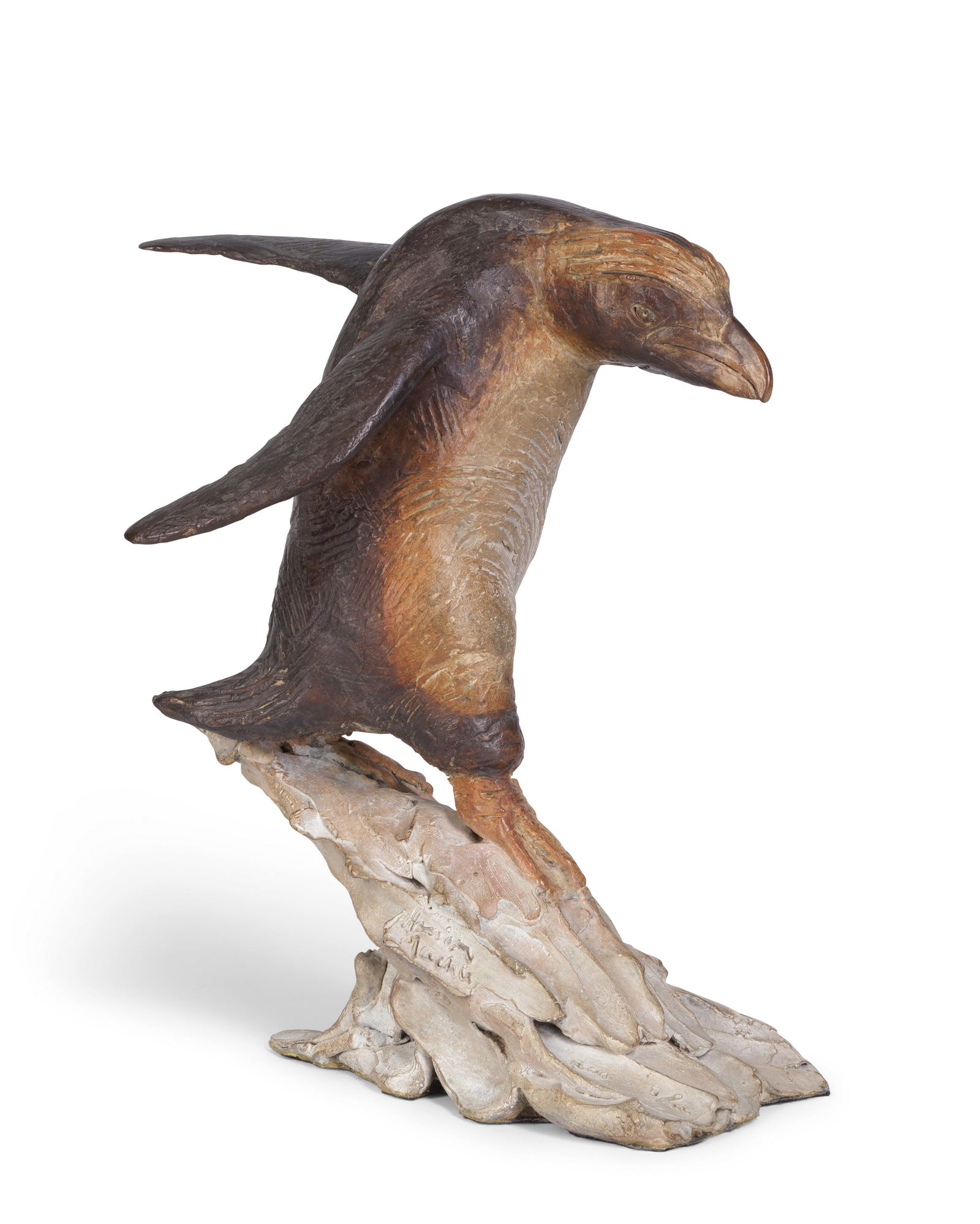 Hamish Mackie (British, born 1973) Penguin Sliding 32cm (12 5/8in) high: Hamish Mackie (British, born 1973) Penguin Sliding signed, dated and numbered 'Hamish/Mackie/2011/3/12' (to base) bronze with a brown, orange and white patina 32cm (12 5/8in) high This lot is subject