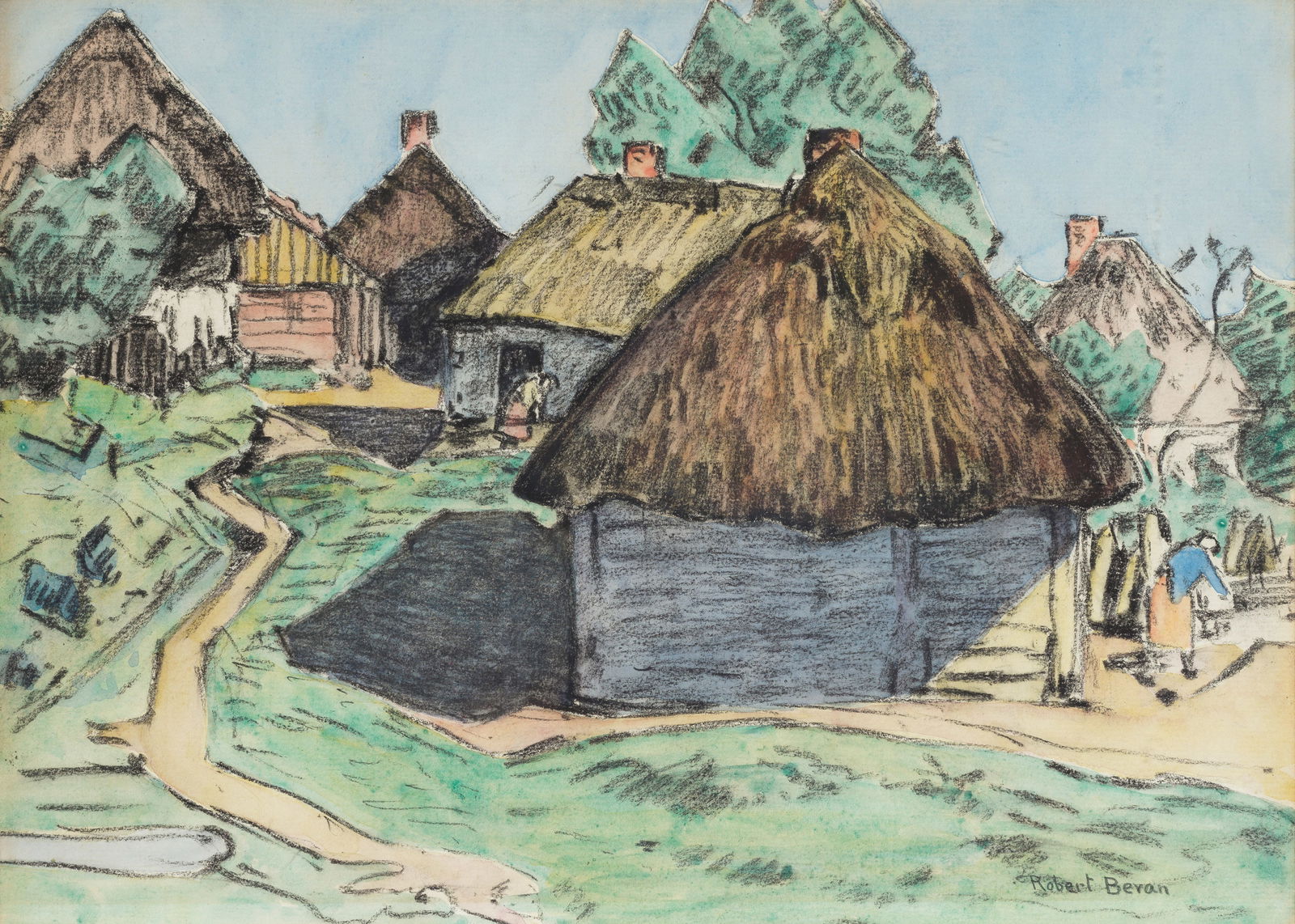 Robert Polhill Bevan (British, 1865-1925) Polish Cottages: Robert Polhill Bevan (British, 1865-1925) Polish Cottages signed 'Robert Bevan' (lower right) watercolour and charcoal on paper 24 x 33.5cm (9 7/16 x 13 3/16in). Footnotes: Provenance