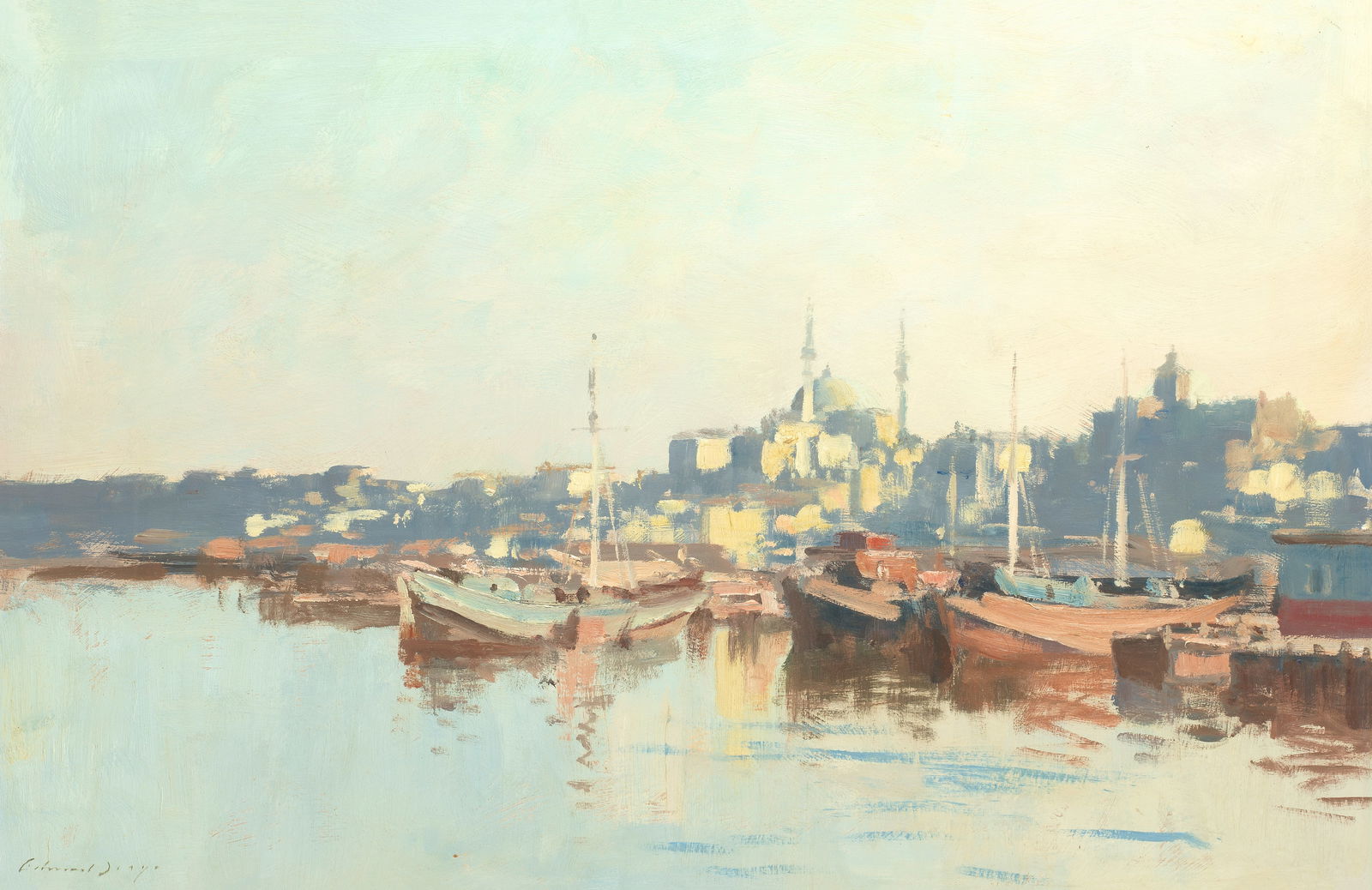 Edward Seago, RWS, RBA (British, 1910-1974) A boatyard on the Golden Horn, Istanbul: Edward Seago, RWS, RBA (British, 1910-1974) A boatyard on the Golden Horn, Istanbul signed 'Edward Seago' (lower left); inscribed 'A BOATYARD ON THE GOLDEN HORN' (on the reverse) oil on board 51.5 x 7
