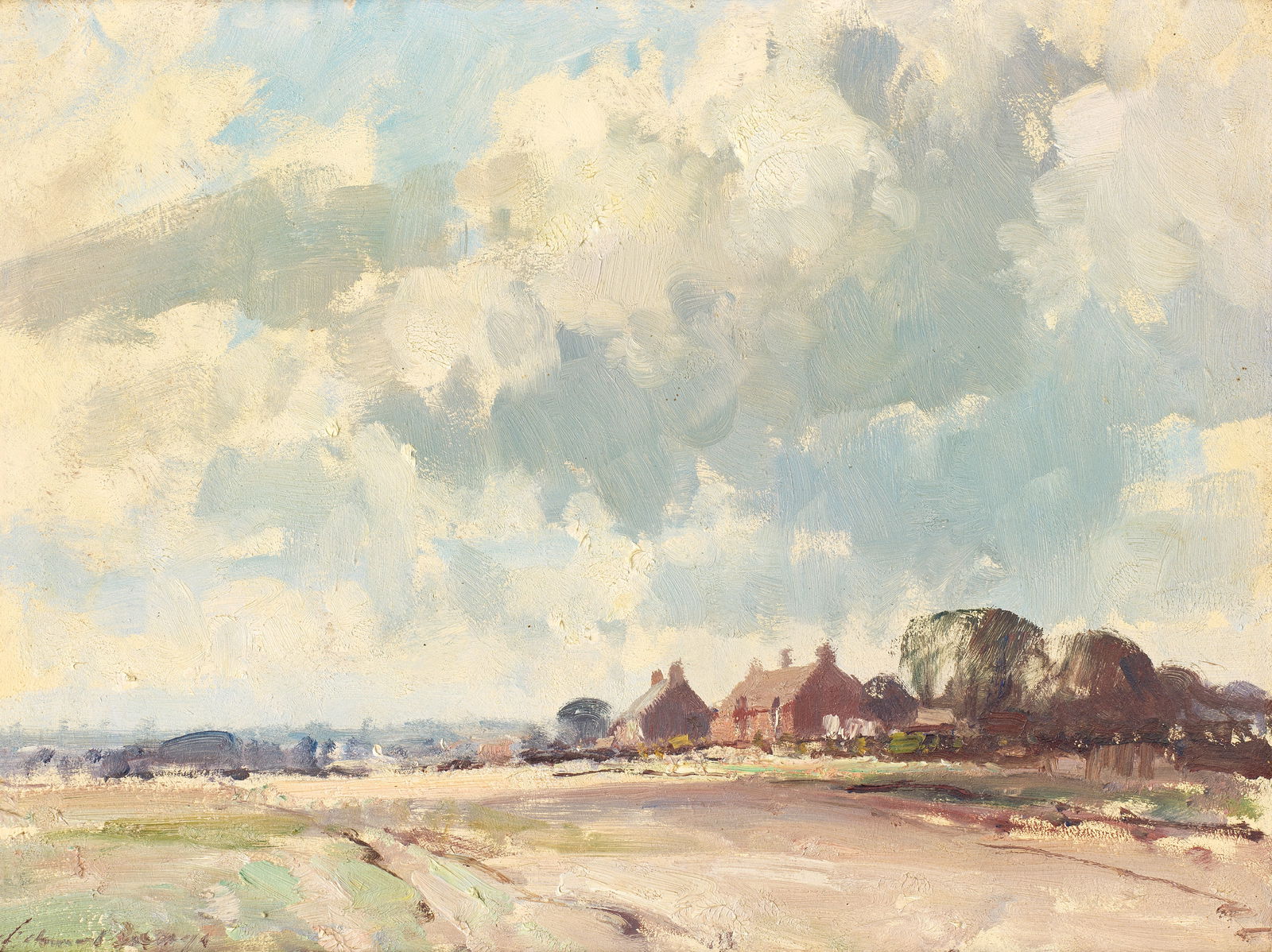 Edward Seago, RWS, RBA (British, 1910-1974) October landscape, Norfolk: Edward Seago, RWS, RBA (British, 1910-1974) October landscape, Norfolk signed 'Edward Seago' (lower left); bears title (on the reverse) oil on board 30.5 x 40.7cm (12 x 16in). Footnotes: