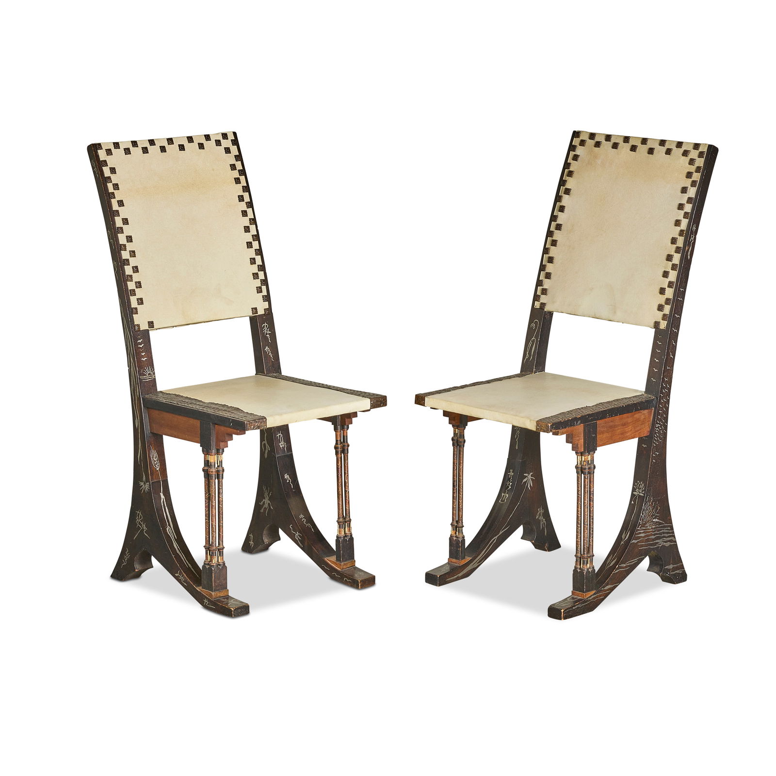 CARLO BUGATTI (1856–1940) Pair of Side Chairsebonized walnut, inlaid pewter, hammered copp... (1 of 1)