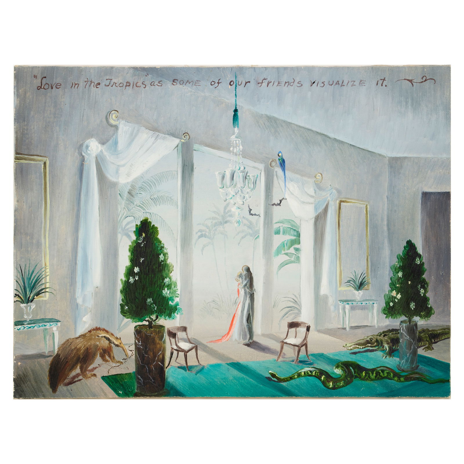 GILBERT ADRIAN (1903-1959) Love in the Tropics as Some of Our Friends Visualize Itoil on canvas,...: GILBERT ADRIAN (1903-1959) Love in the Tropics as Some of Our Friends Visualize It oil on canvas, apparently unsigned 12 1/2 x 17 3/4in (31.7 x 45.1cm) Footnotes: Provenance The Collection of Leonard