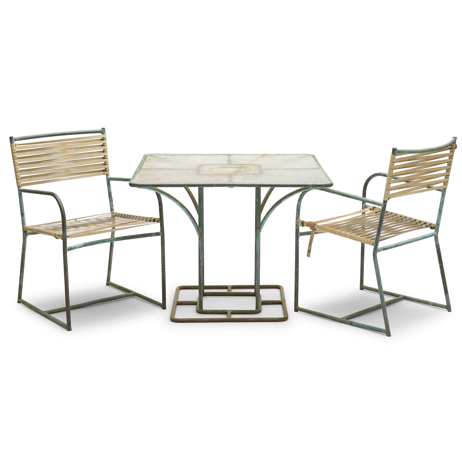 WALTER LAMB (ACTIVE 1950S) Table and Two Armchairscirca 1955bronze tubing, vinyl, acrylicheight ... (1 of 1)