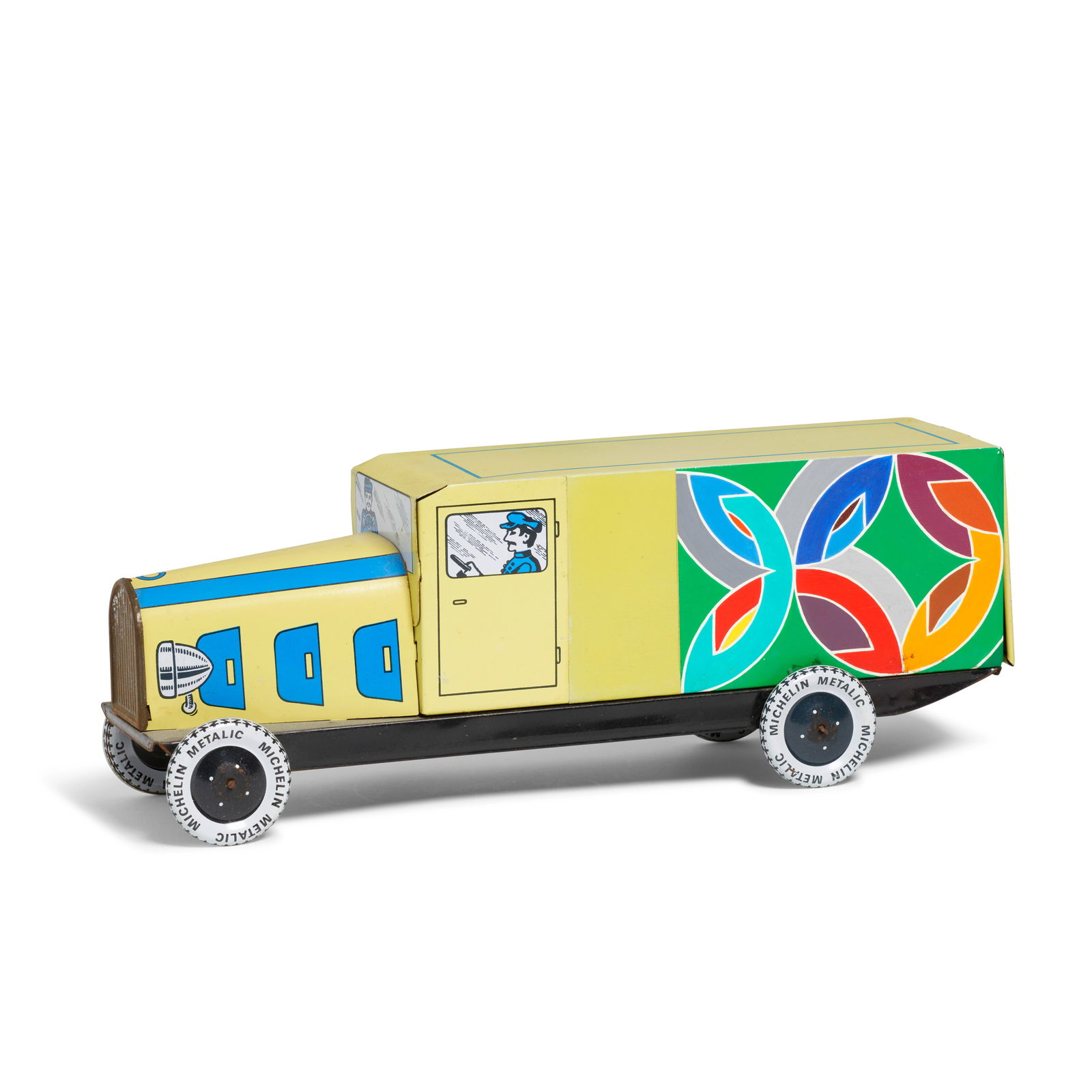 BRUCE HOUSTON (BORN 1937) Untitled (Homage to Mondrian and Stella)1993acrylic paint on tin toy c...: BRUCE HOUSTON (BORN 1937) Untitled (Homage to Mondrian and Stella) 1993 acrylic paint on tin toy car; signed and dated 'Bruce Houston 1993' on underside height 4 1/2in (11.4cm); length 12in (30.5cm);