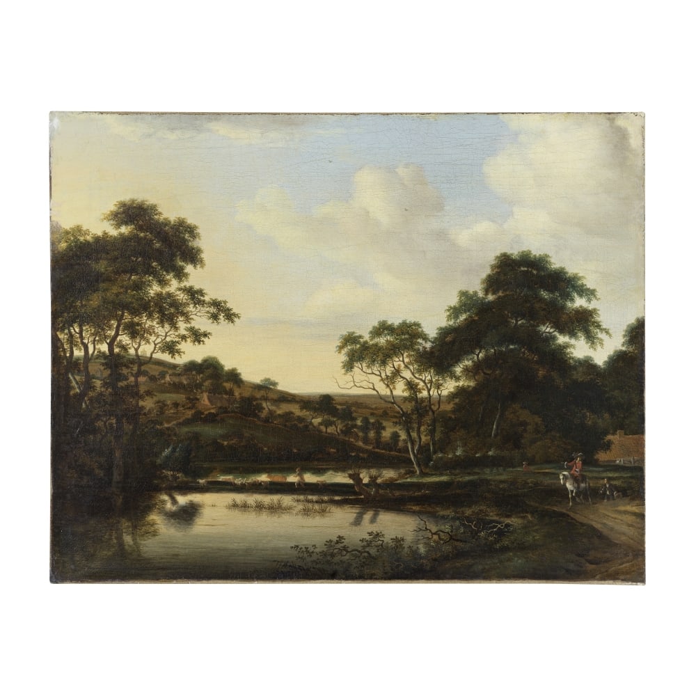 Entourage de Jan Wijnants (Haarlem 1632-1684 Amsterdam) Paysage lacustre animé de figures: Entourage de Jan Wijnants (Haarlem 1632-1684 Amsterdam) Paysage lacustre animé de figures huile sur toile oil on canvas 54.3 x 67.8cm (21 3/8 x 26 11/16in). Footnotes: Provenanc