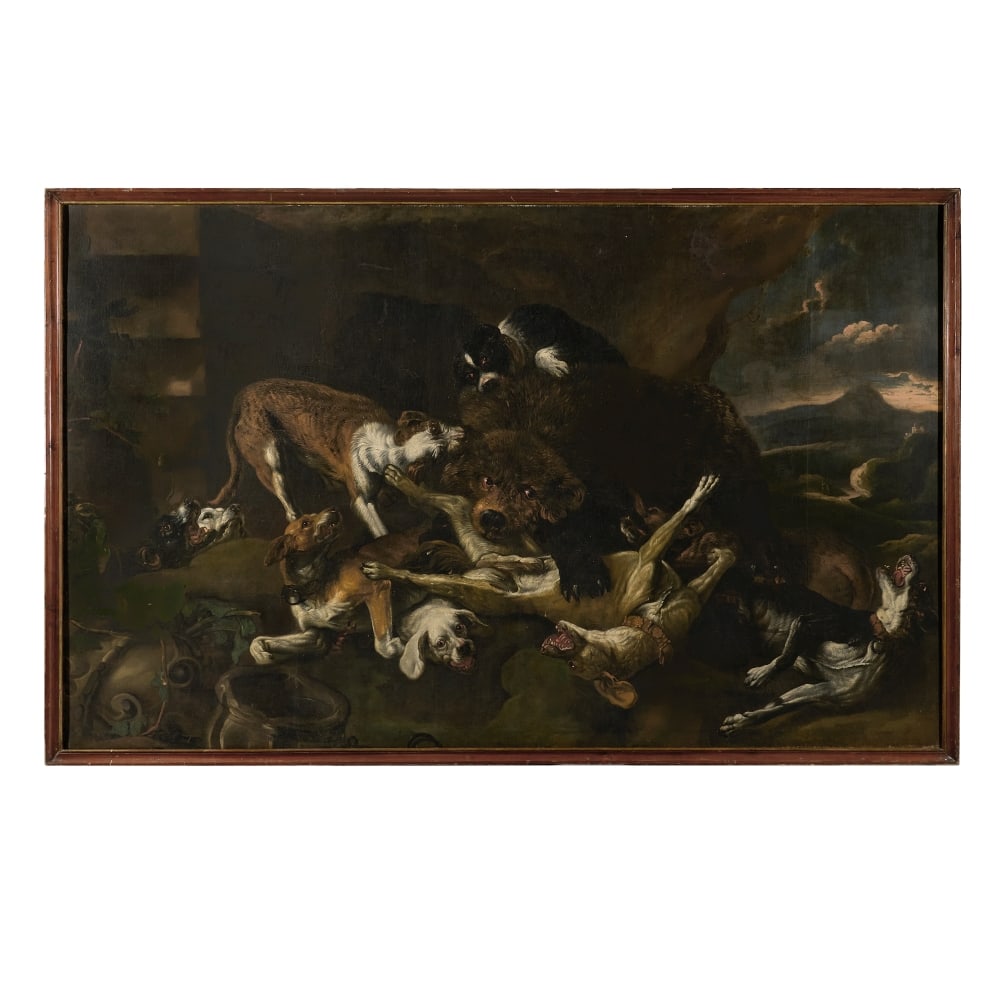 Entourage de Jan Fyt (Anvers 1611-1661) La chasse à l'ours: Entourage de Jan Fyt (Anvers 1611-1661) La chasse à l'ours huile sur toile oil on canvas 184 x 296cm (72 7/16 x 116 9/16in). Footnotes: Provenance Possibly Plettenberg