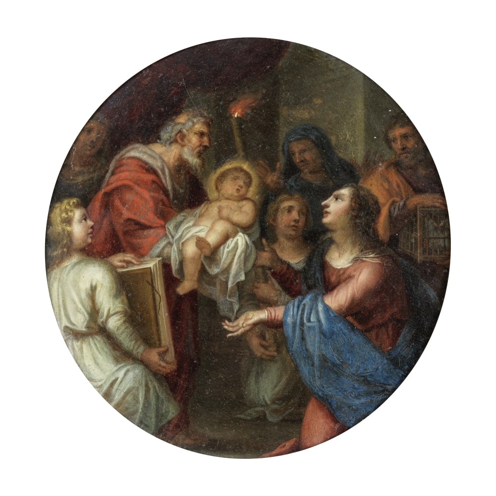 Entourage de Jacques Stella (Lyon 1596-1657 Paris) La Présentation de Jésus au Temple ...: Entourage de Jacques Stella (Lyon 1596-1657 Paris) La Présentation de Jésus au Temple huile sur panneau, tondo oil on panel, tondo 23.4cm (9 3/16in). diamètre