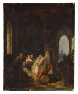 Attribué à Jean Baptiste Mallet (Grasse 1759-1835 Paris) Marguerite d'Ecosse embrassan...: Attribué à Jean Baptiste Mallet (Grasse 1759-1835 Paris) Marguerite d'Ecosse embrassant le poète Alain Chartier assoupi huile sur panneau oil on panel 24.6 x 19.8cm (9 11/16 x 7 13/16in