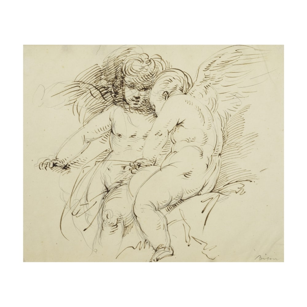 Giuseppe Bernardino Bison (Palmanova 1762-1844 Milan) Etude d'angelots: Giuseppe Bernardino Bison (Palmanova 1762-1844 Milan) Etude d'angelots inscription 'Bison' (en bas à droite) pierre noire, plume et encre brune sur papier inscribed 'Bison' (lower right) black ch