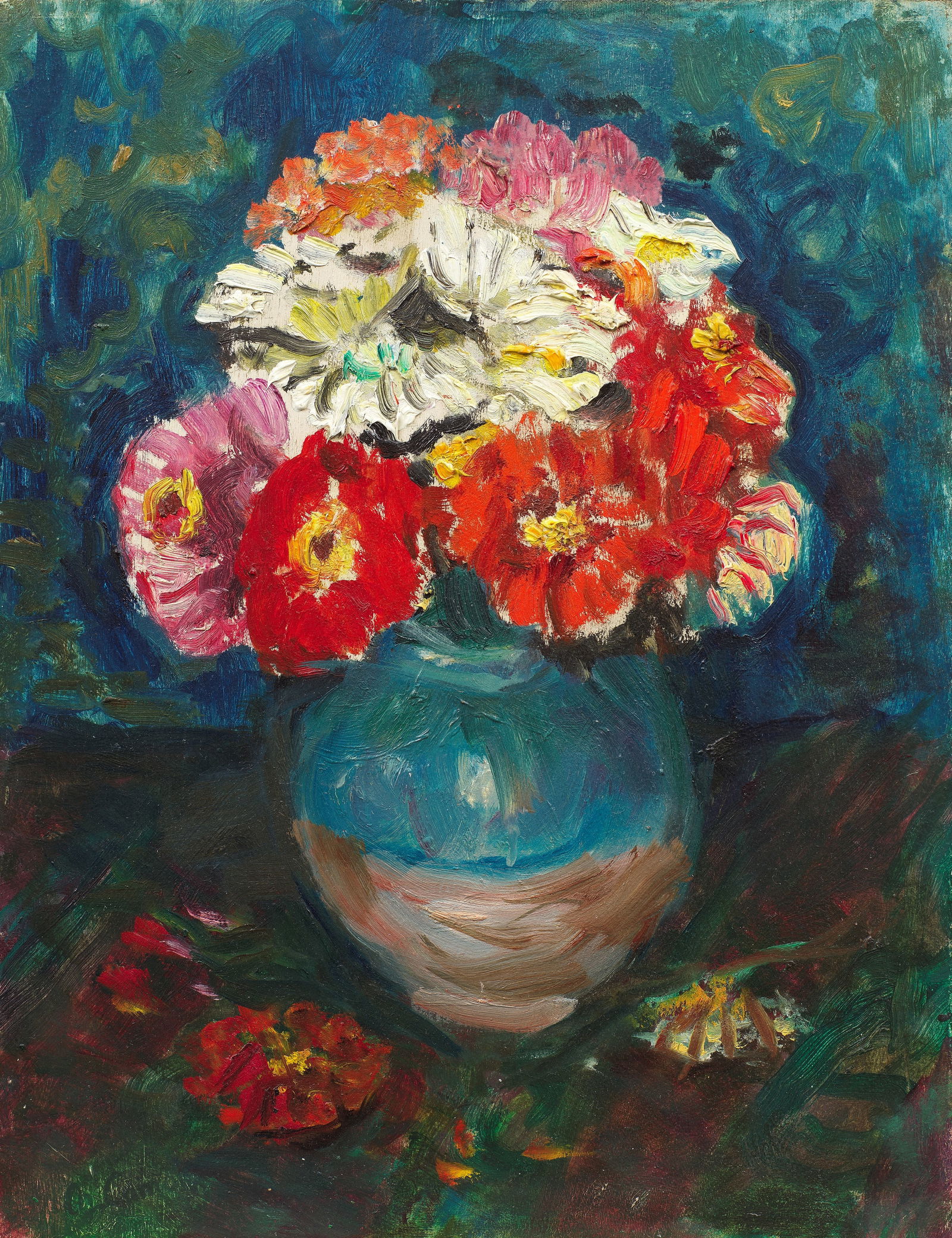 CHARLES CAMOIN (1879-1965) Zinnias dans la cruche verte (Painted circa 1960): CHARLES CAMOIN (1879-1965) Zinnias dans la cruche verte signed 'Ch Camoin' (lower left) oil on panel 34.8 x 27cm (13 11/16 x 10 5/8in). Painted circa 1960 Footnotes: The authentic