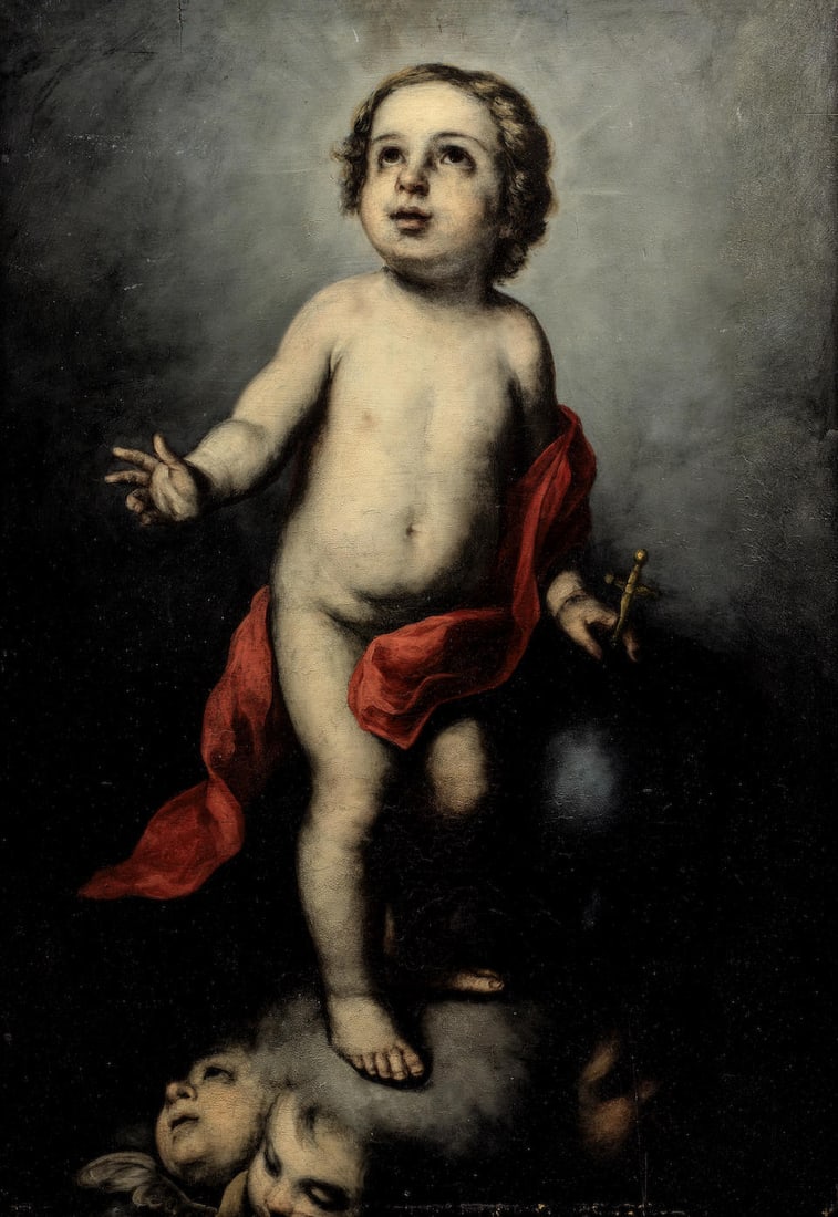 Circle of Bartolomé Esteban Murillo (Seville 1618-1682) The Infant Christ Child The Infant ...: Circle of Bartolomé Esteban Murillo (Seville 1618-1682) The Infant Christ Child The Infant Christ holding an orb oil on panel 87.3 x 60.8cm (34 3/8 x 23 15/16in). framed: 106.5 x 89.7cm Footnotes
